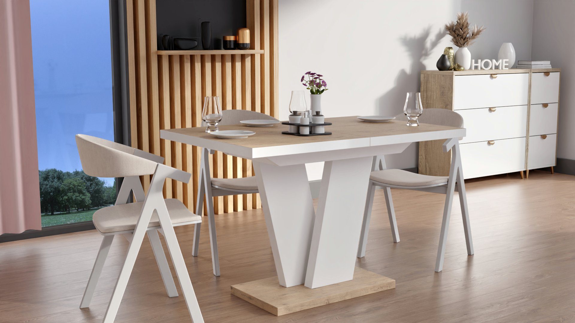 designimpex Esstisch Design Esstisch Tisch MA-444 Hochglanz ausziehbar 120 bis 200 cm Eiche Lancelot - Weiß matt