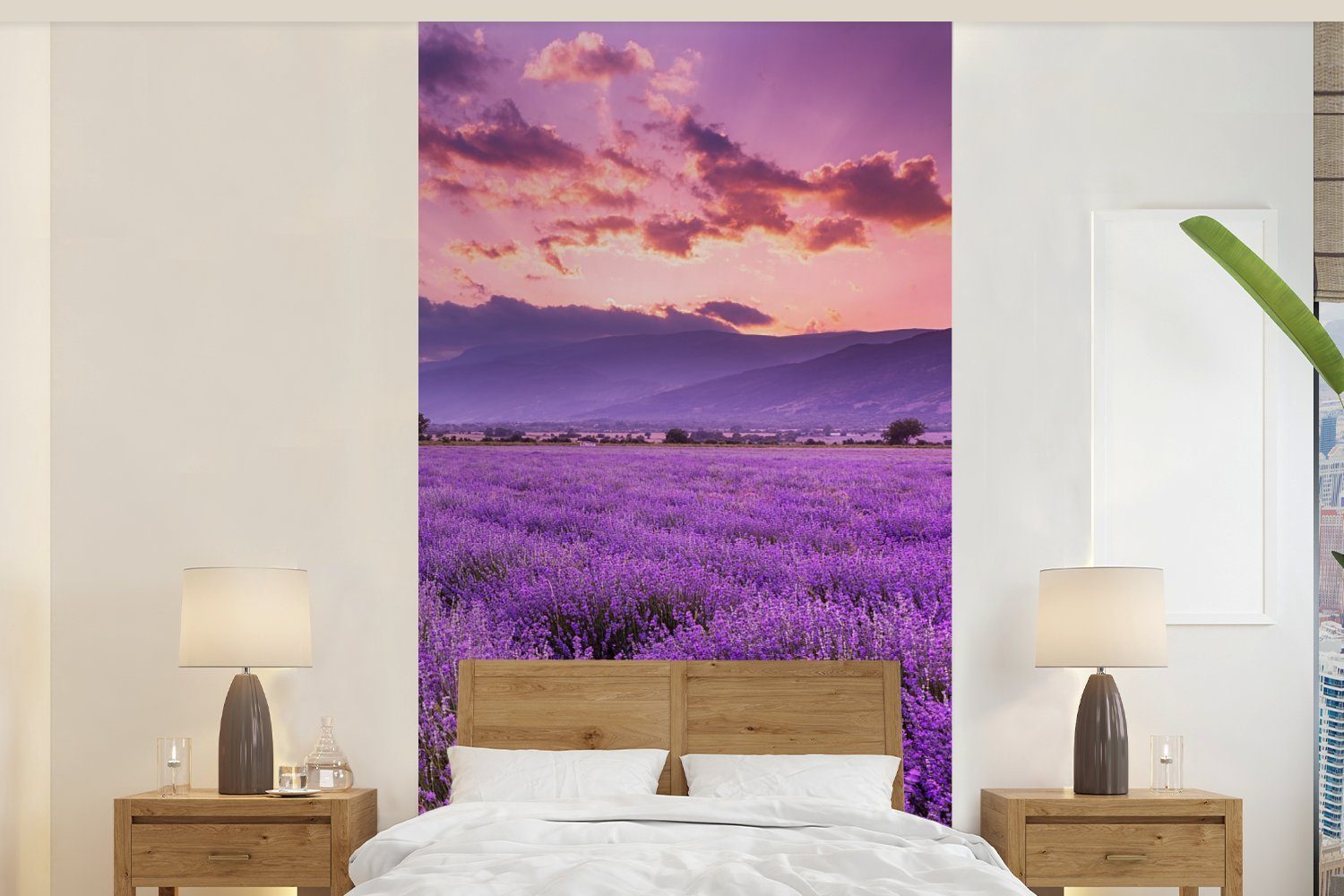 MuchoWow Fototapete Lavendel - Lila - Blumen - Feld, Matt, bedruckt, (2 St), Vliestapete für Wohnzimmer Schlafzimmer Küche, Fototapete