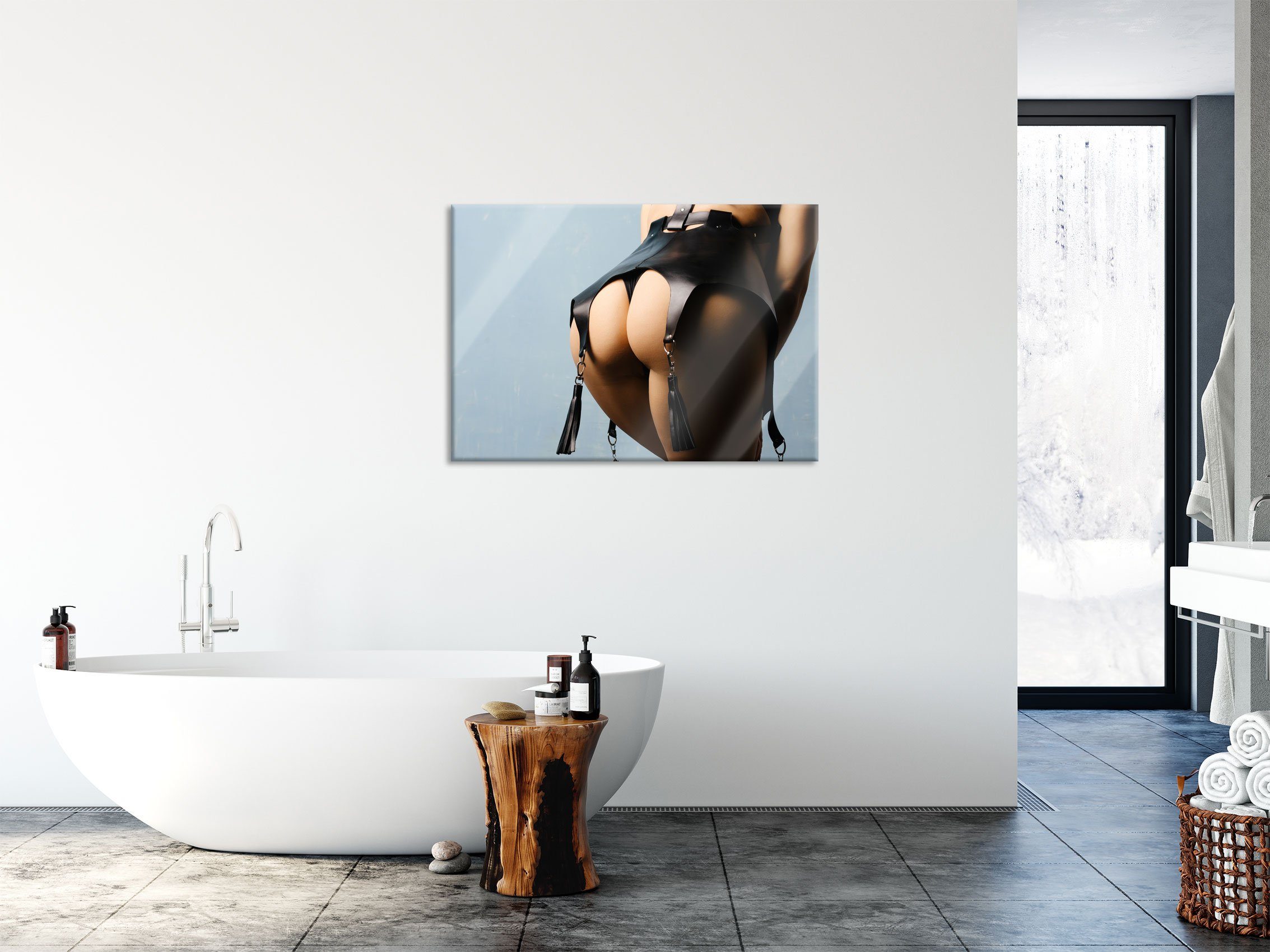 Pixxprint Glasbild Frauenpo in Lederstrapse, Frauenpo in Lederstrapse (1 St), Glasbild aus Echtglas, inkl. Aufhängungen und Abstandshalter