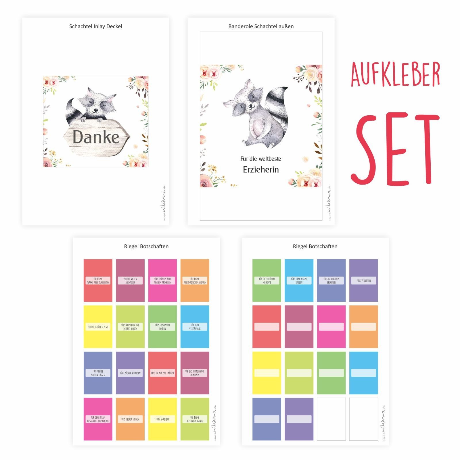 nikima Packpapier AUFKLEBER SET - Merci Danke Waschbär Abschiedsgeschenk Kita Erzieher