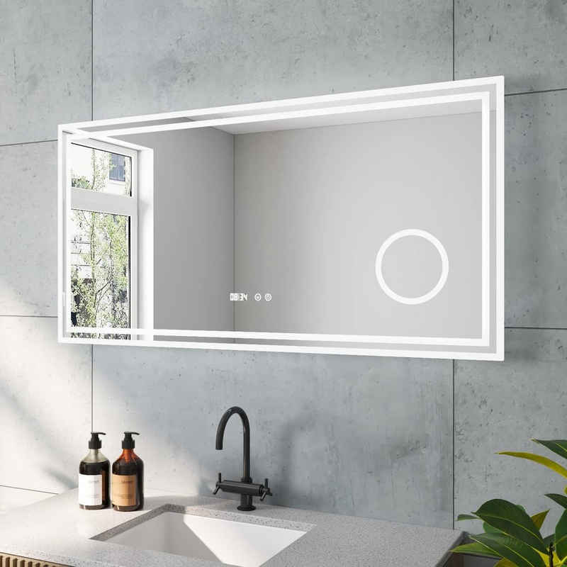 AQUABATOS LED-Lichtspiegel LED Badspiegel Badezimmerspiegel mit Beleuchtung Wandspiegel, Kosmetikspiegel Uhr Touch 3-Fach Vergrößerung Kaltweiß Beschlagfrei