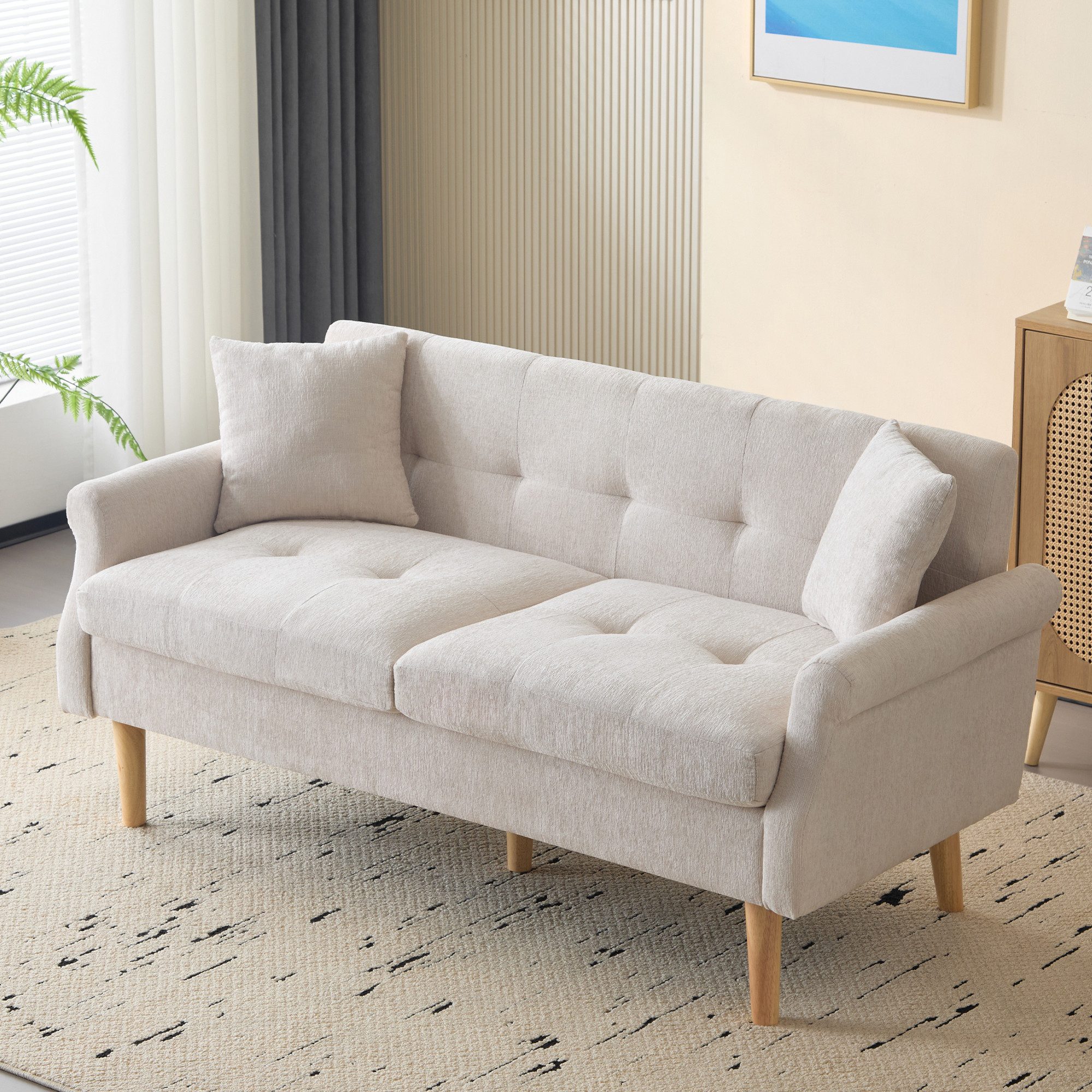 Merax 2-Sitzer Doppelsofa mit dicken Kissen, Holzbeinen und Armlehne, 162x74x77 cm, Polstersofa Sofa aus Chenille-Stoff für Wohnzimmer/Schlafzimmer – Bild 3 von 5