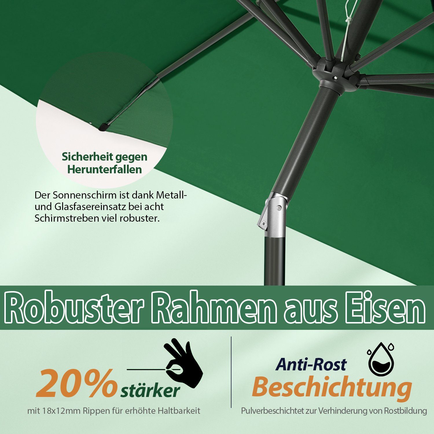 Sekey Sonnenschirm ∅ 220/270/350 cm Gartenschirm mit Kurbel Marktschirm Neigbar, LxB: 270,00x271,00 cm, Sonnenschutz UV50+, Windfest und Stabil, 100% Wasserfest – Bild 5 von 5