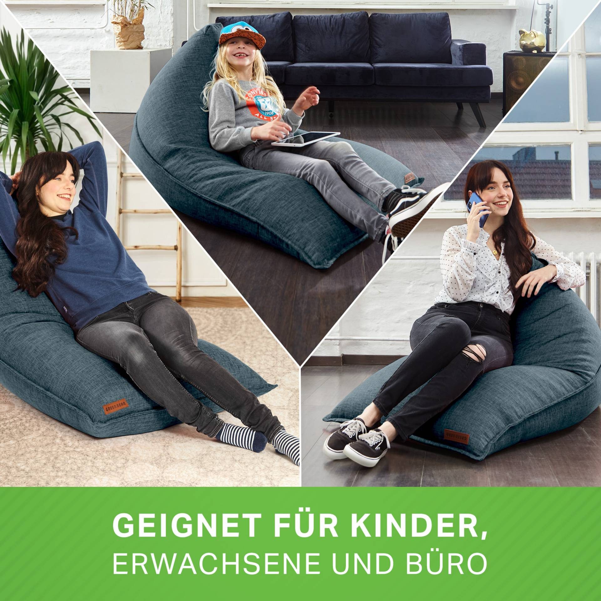 Green Bean Sitzsack Indoor XXL Sitzsack 150x100x100cm (Indoor XXL Sitzsack 150x100x100cm mit EPS-Perlen Füllung -, Kuschelig Weich Waschbar), Bodenkissen Liegekissen Sitzkissen Chillkissen Liegekissen