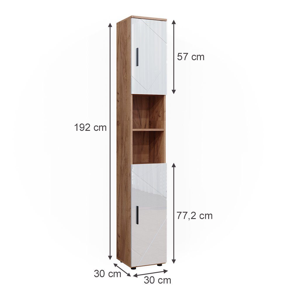 Vicco Hochschrank Irma, Eiche/Weiß Hochglanz, 30 x 192 (1-St)
