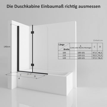 Hopibath Duschwand für Badewanne Schwarz 120x140 110x140 100x140, 6mm beidseitig NANO Glas, (Badewannenaufsatz 2 teilig faltbar, Klarglas), Verstellber Aluprofile, 180° schwenkbar