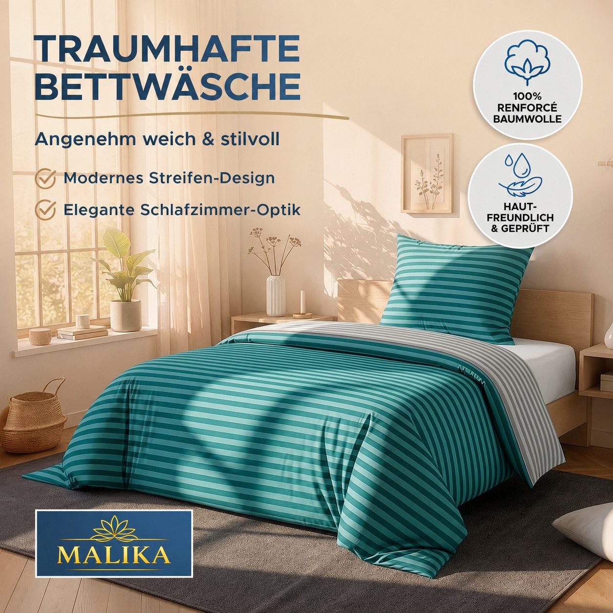 Malika Bettwäsche 135x200 + 80x80 cm atmungsaktiver Baummwoll Renforce Bettbezug, Renforce Baumwolle, 2 teilig, Für Allergiker geeignet, pflegeleicht, angenehm weicher Stoff