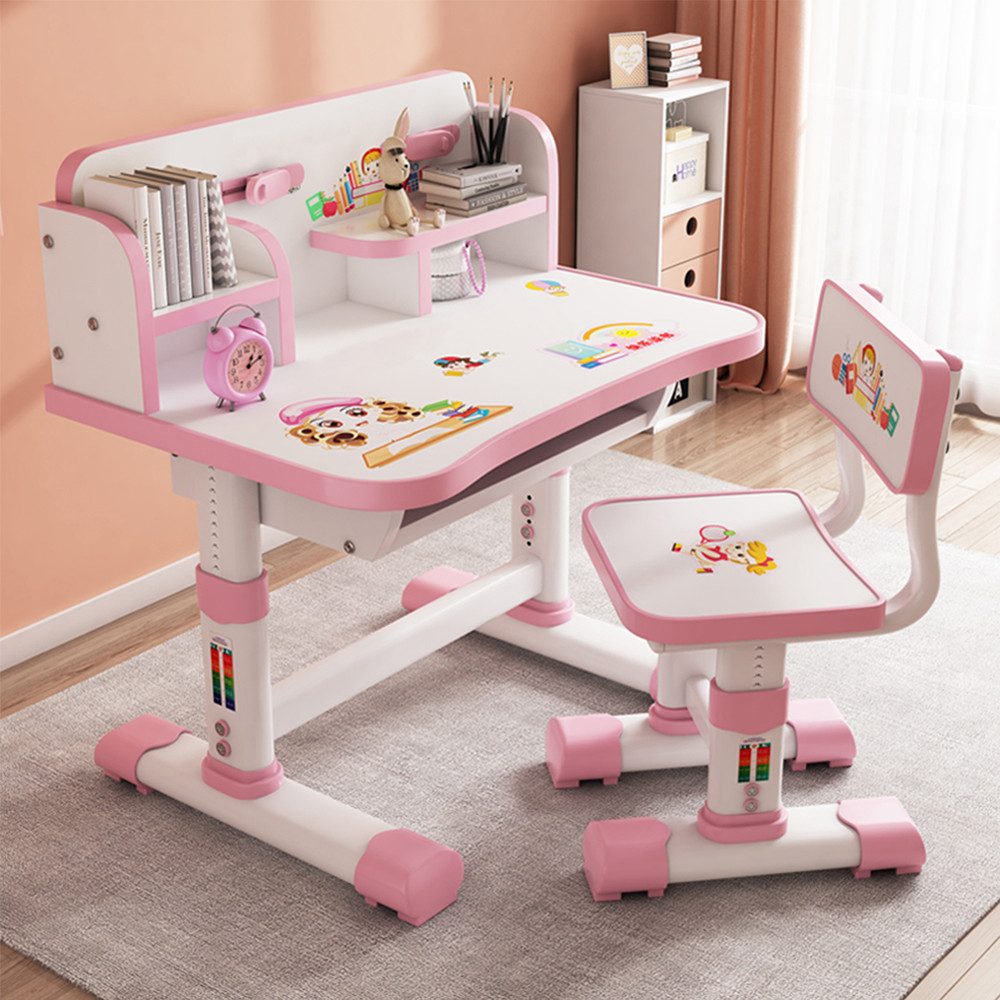 TUWENA Kinderschreibtisch Kinderschreibtisch Stuhl Set, Schreibtisch Höhenverstellbar Schubladen, Ergonomisch Schreibtischstuhl mit Buchständer, Fußpedal Cartoon-Muster
