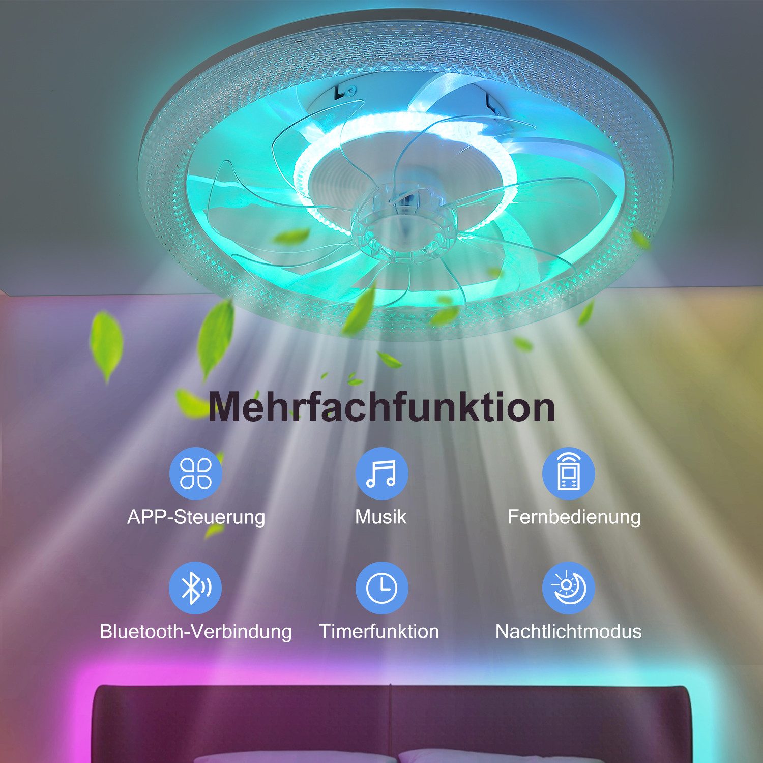 WILGOON Deckenleuchte Deckenventilator mit Beleuchtung, Music RGB Dimmbar mit Fernbedienung, Luftzirkulationsfunktion + Music, LED fest integriert, Warmweiß, Neutralweiß, Kaltweiß, RGB Farbwechsel, Schlafzimmer Leise Ventilator mit Bluetooth für Wohnzimmer Küche Hotel