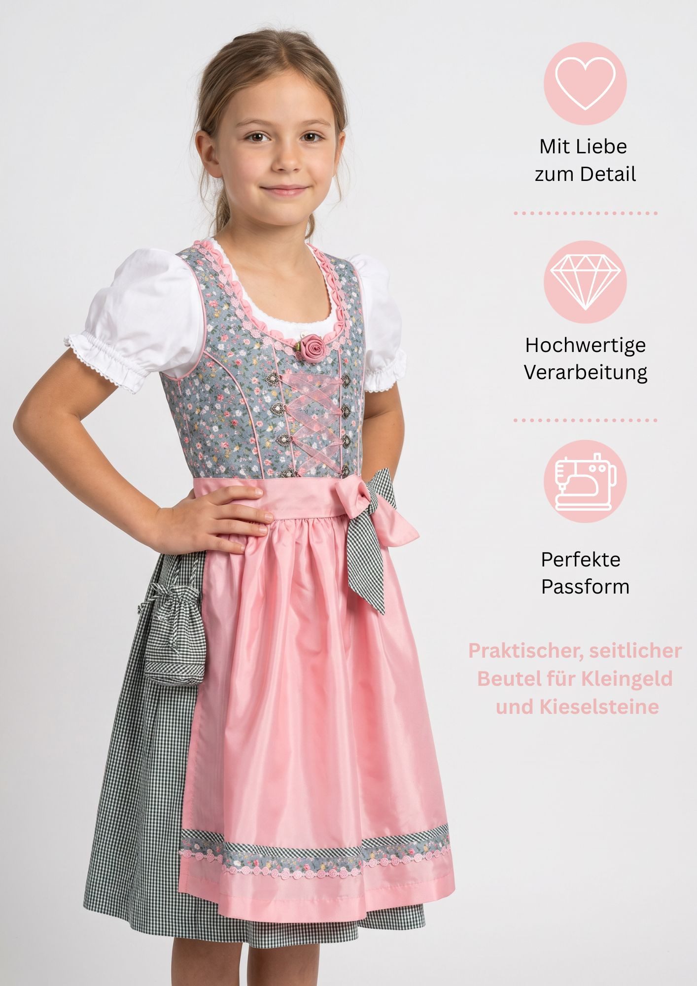 Nübler Dirndl Kinderdirndl 3-teilig Nicky in Blau von Nübler - Rocklänge knielang 3 teiliges Set aus Dirndl, Bluse und Schürze