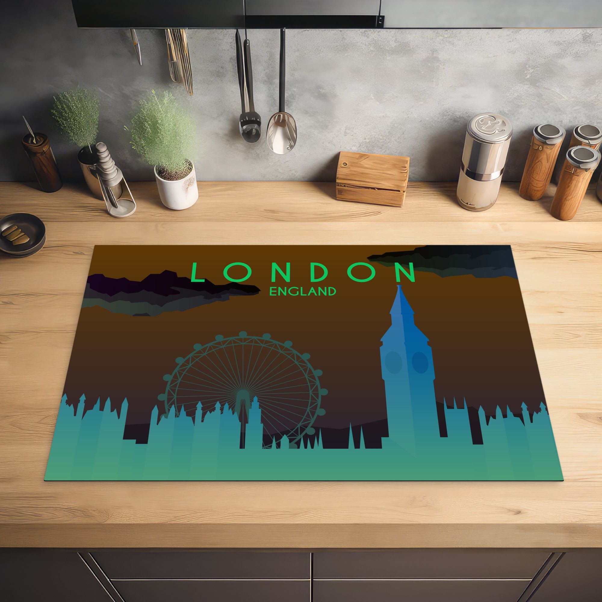 MuchoWow Herdblende-/Abdeckplatte Illustration der Skyline von London, (1 küche, England, cm, 81x52 Ceranfeldabdeckung Induktionskochfeld Schutz tlg), für Vinyl, die