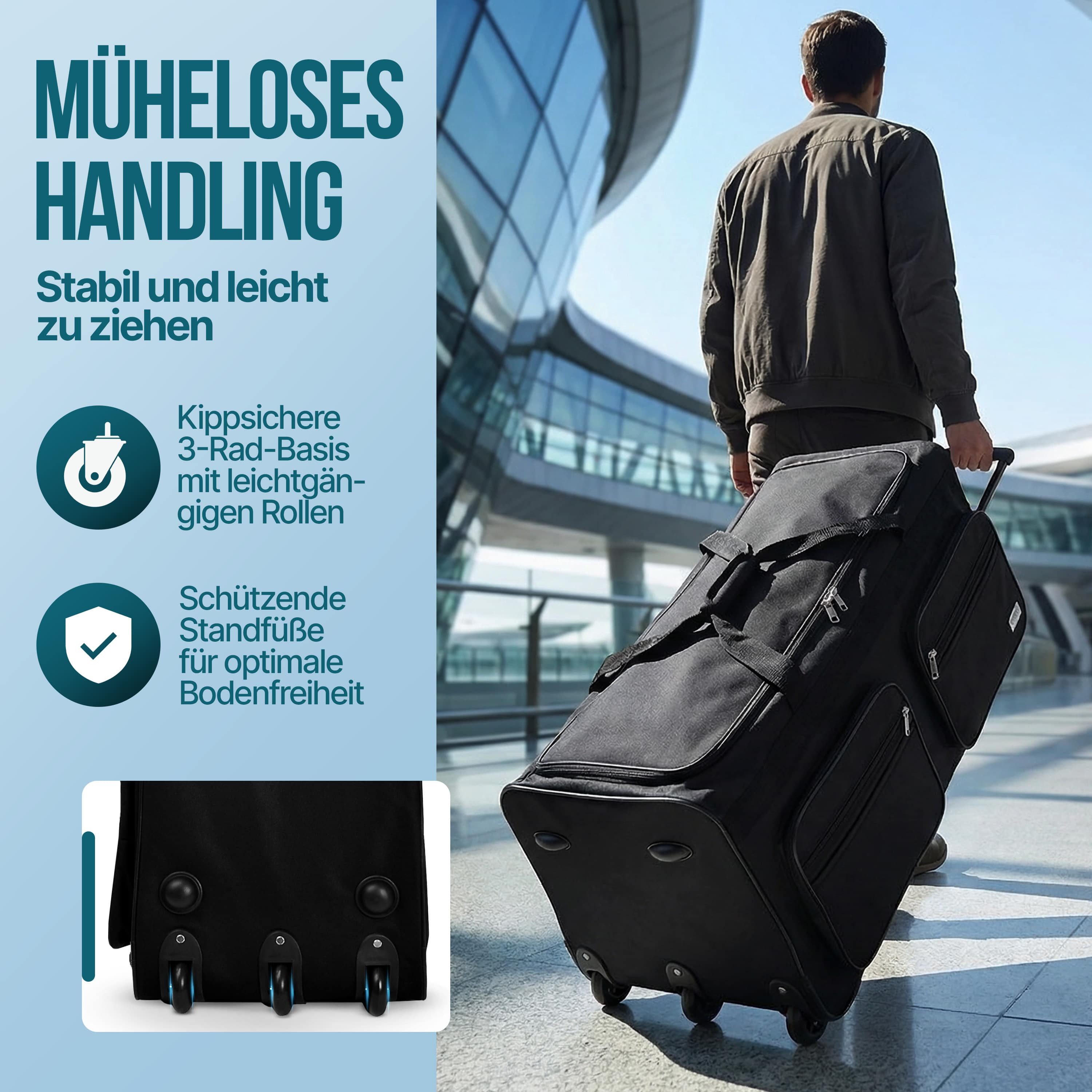 monzana Reisetasche Leonardo, mit Rollen 160L Trolley Teleskopgriff Schwarz Groß XXL Gepäcktasche