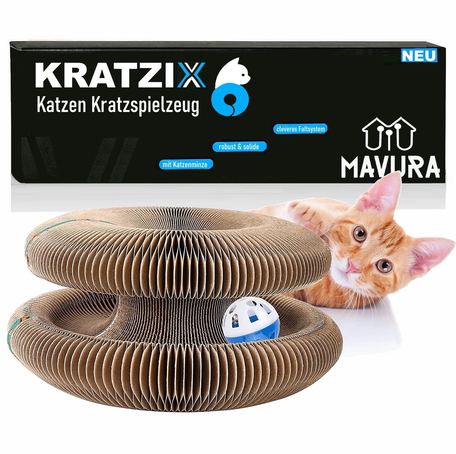 MAVURA Kratzbrett KRATZIX Katzen Kratzspielzeug Kratzpappe faltbares Katzenspielzeug, Kratzmatte Kratz Matte Pappe rund mit Ball & Katzenminze