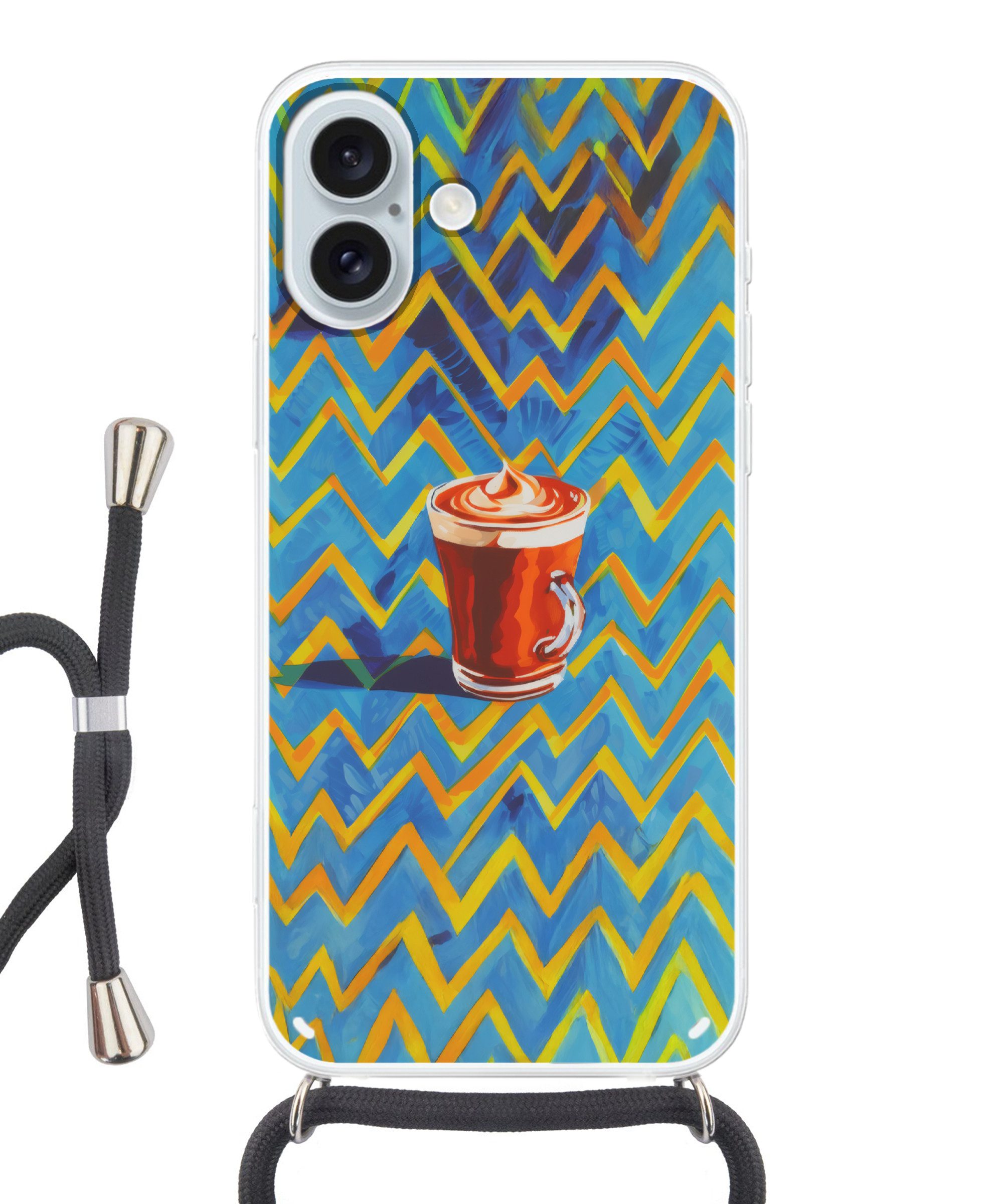 MuchoWow Handyhülle für Apple iPhone 16 Plus Becher - Kaffee - Zickzack - Schlagsahne, Tragbare Handyhüllen mit Kette zum umhängen, Handykette Handyband