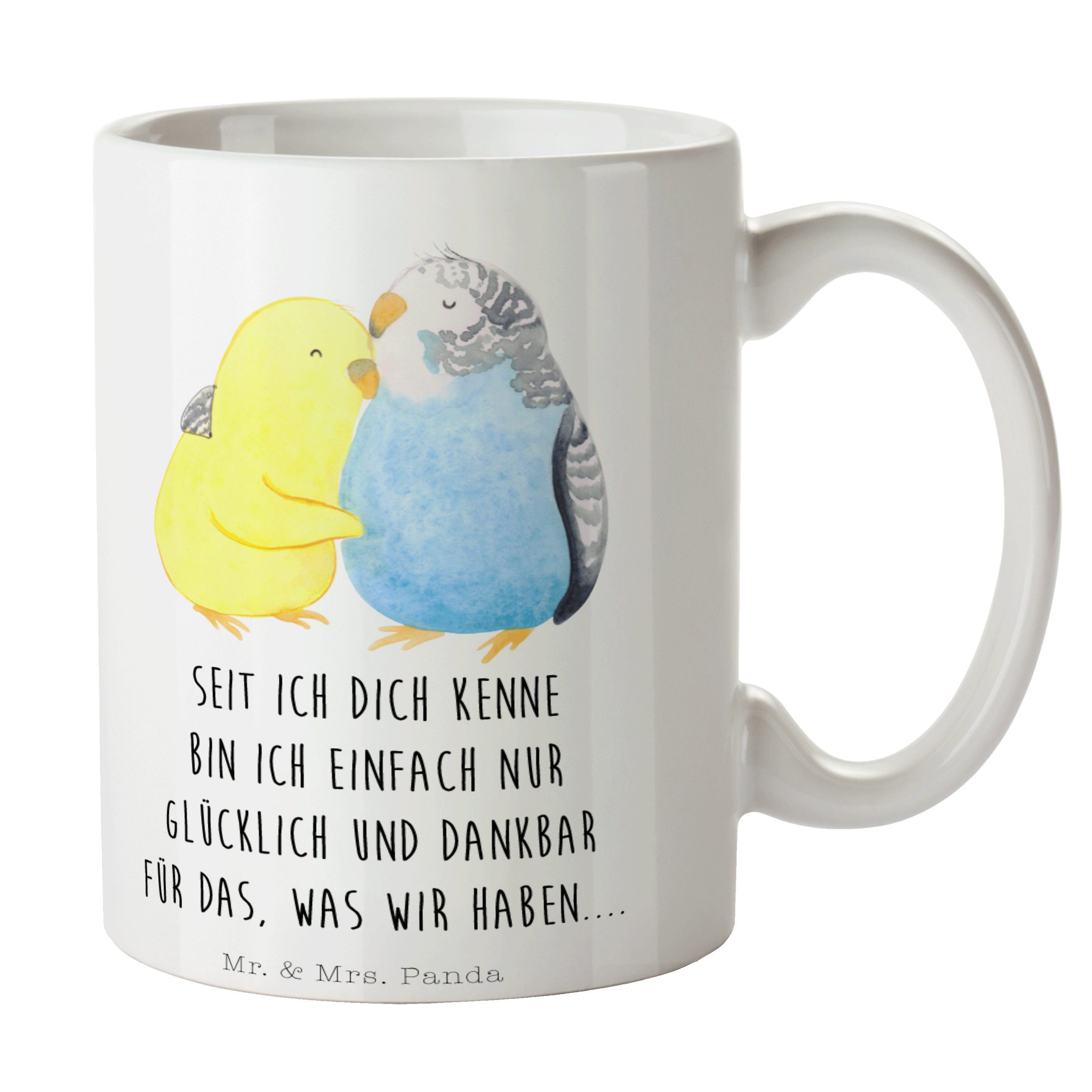 Mr. & Mrs. Panda Tasse Wellensittich Liebe - Weiß - Geschenk, Hocheitstag, Vögel, Kuscheln, Keramik