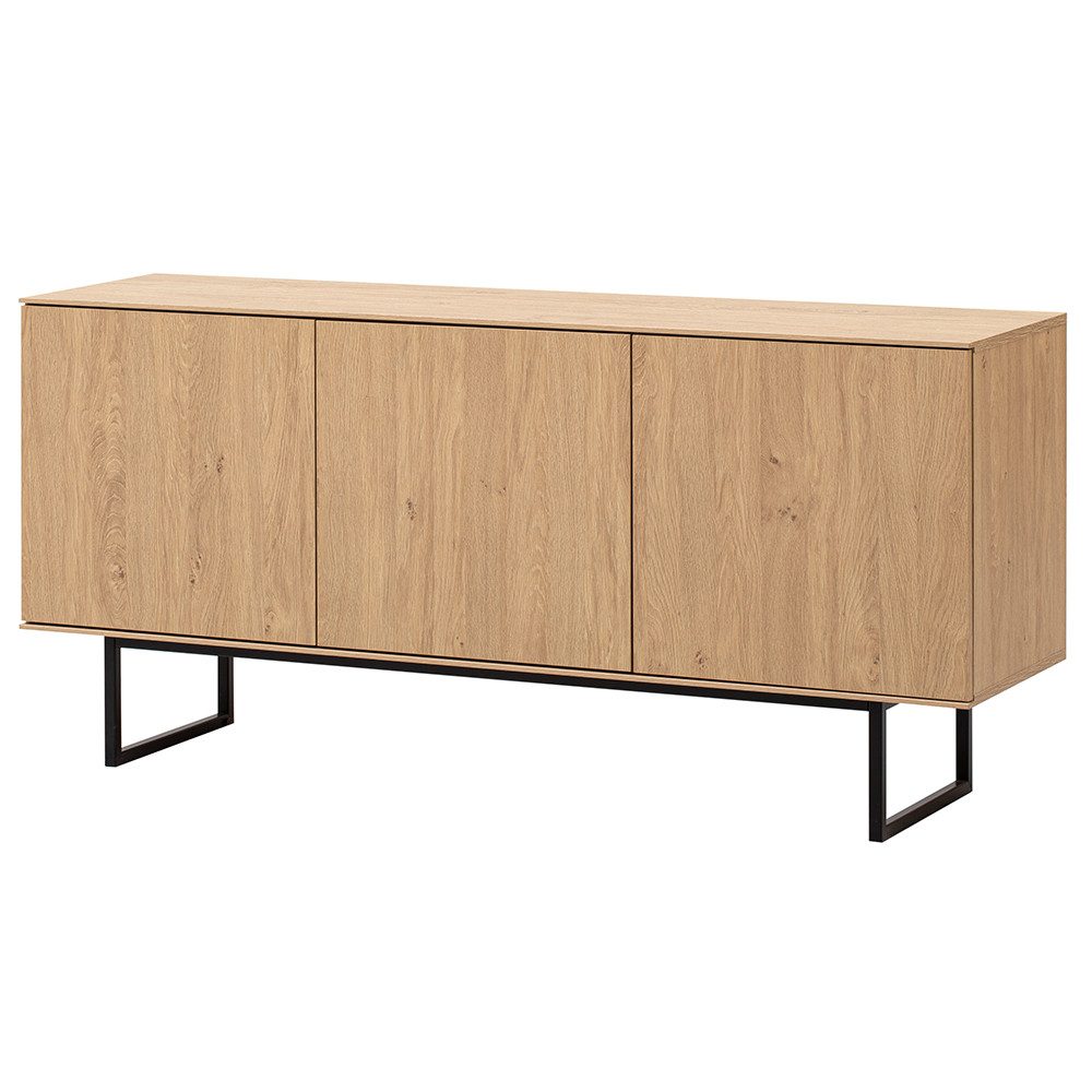 Lomadox Lowboard KASOL-61, Eiche Dekor 150 cm 3-türig grifflos Push-to-open Metallgestell schwarz