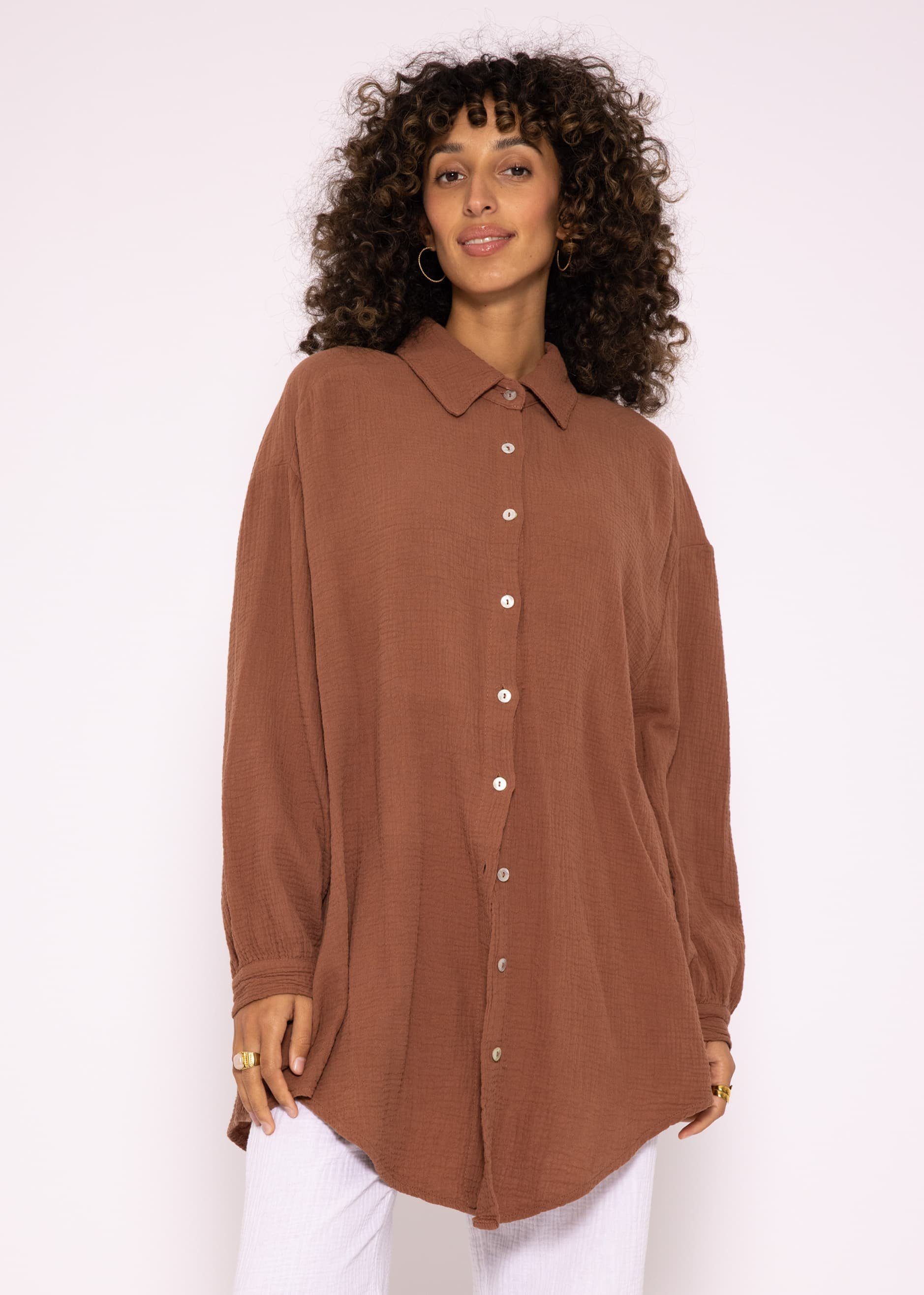 SASSYCLASSY Longbluse Oversize Musselin Bluse mit V-Ausschnitt, lang Langarm Baumwolle (Gr. Size aus Cafelatte Hemdbluse Damen 36-48) One