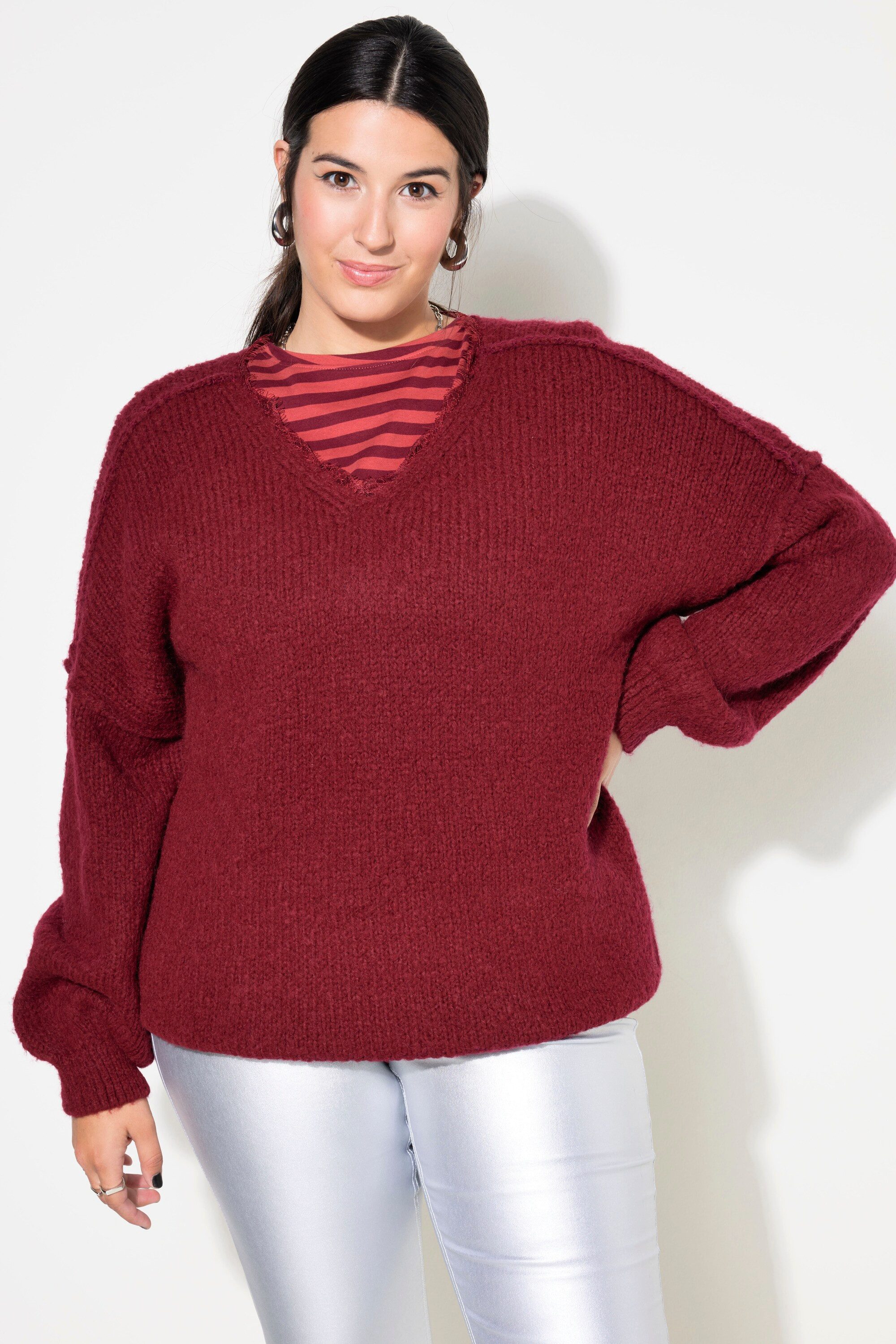 Studio Untold Fleecepullover Pullover V-Ausschnitt mit Spitze weiter Langarm