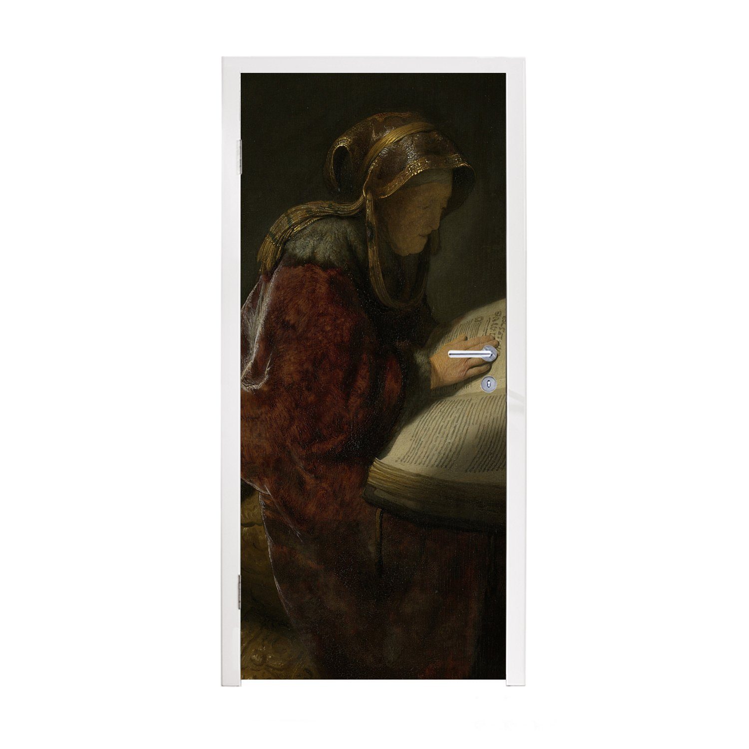 MuchoWow Türtapete Alte Frau beim Lesen, wahrscheinlich die Prophetin Hanna - Gemälde von, Matt, bedruckt, (1 St), Fototapete für Tür, Türaufkleber, 75x205 cm