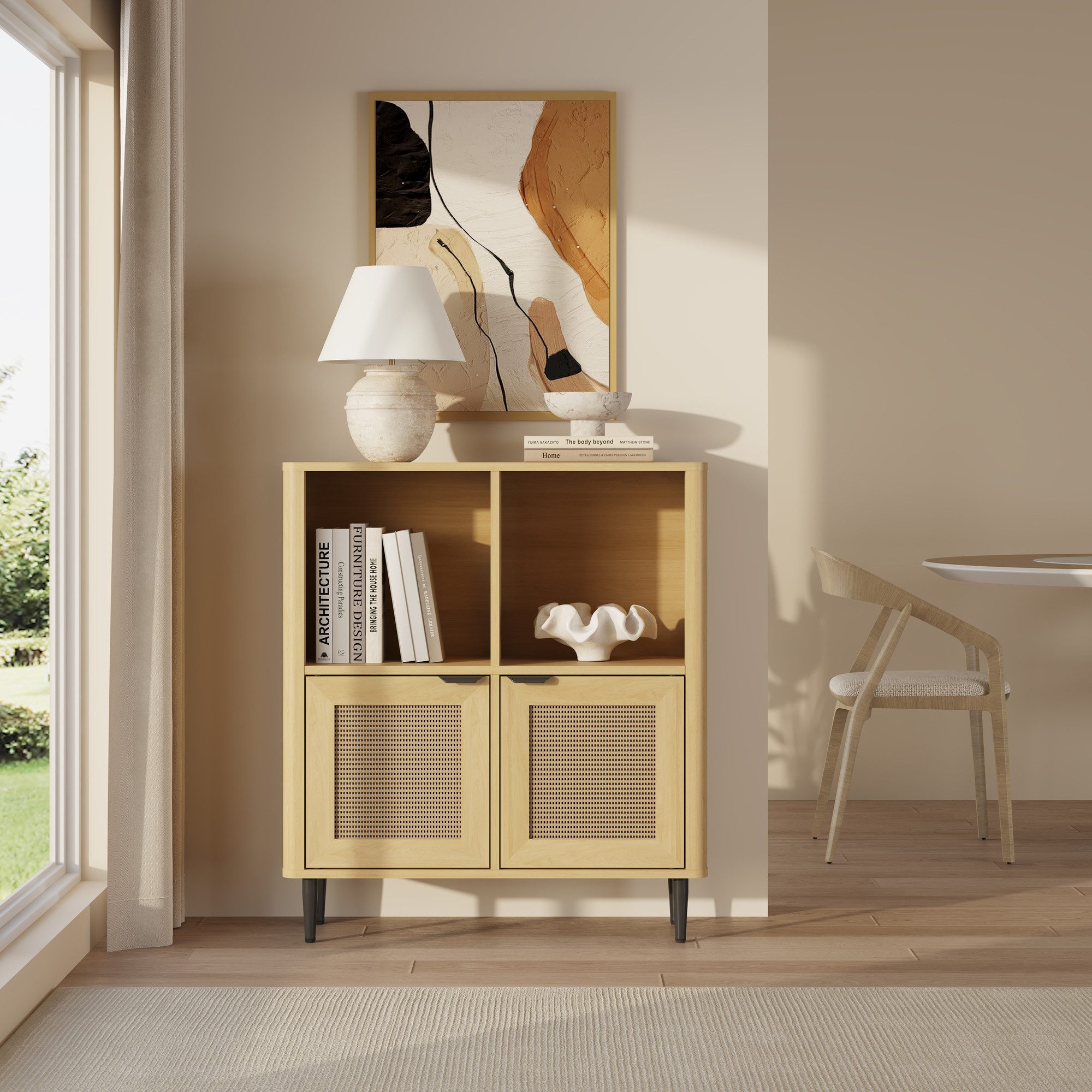 en.casa Kommode, »Lukhomso« mit 2 Türen 85 x 75 x 30 cm Eicheoptik / Rattanoptik