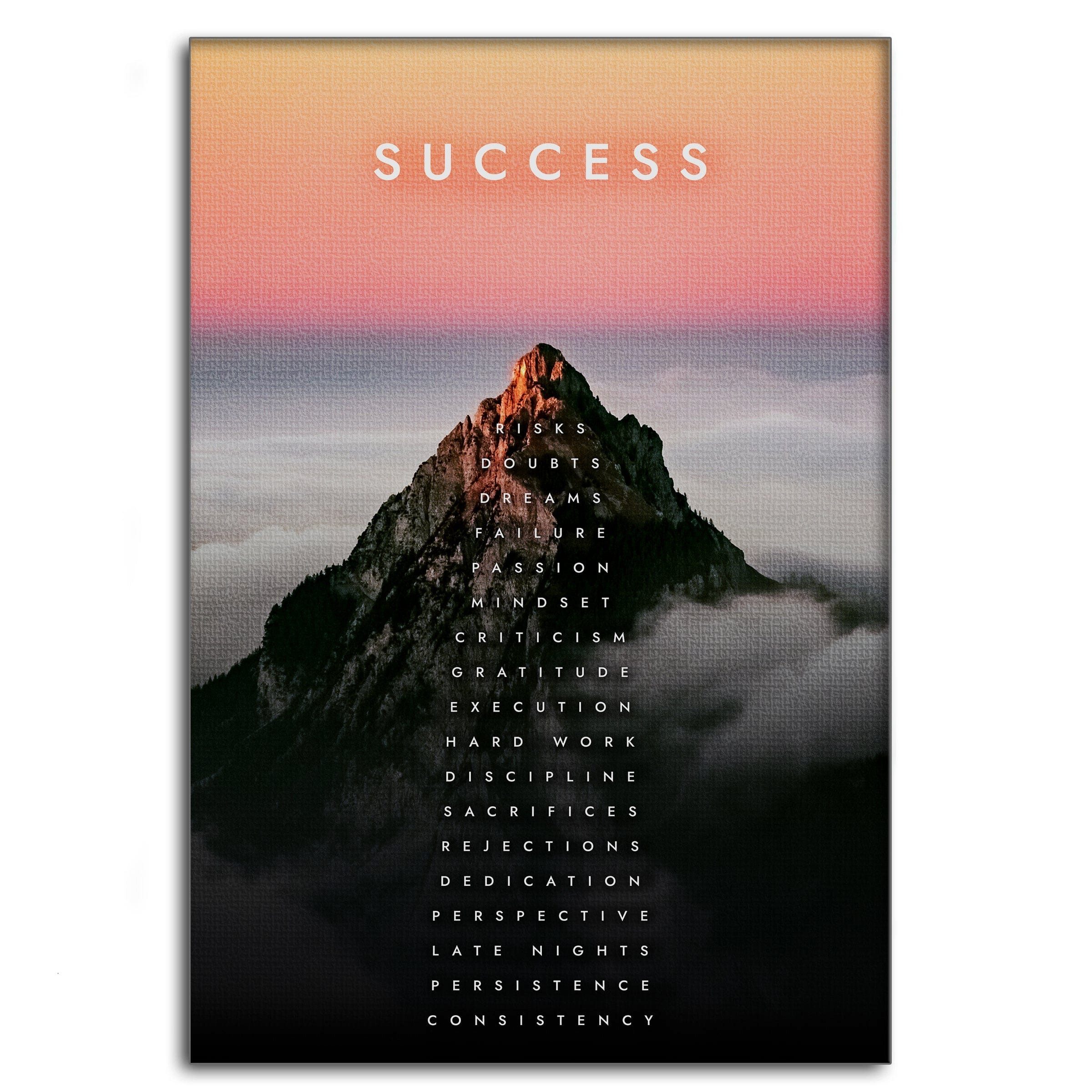 SimpleCanvas Wandbild Mountain of Success - Leinwandbild Motivation, Wandbild Berg des Erfolgs, Sprüche, Ziele