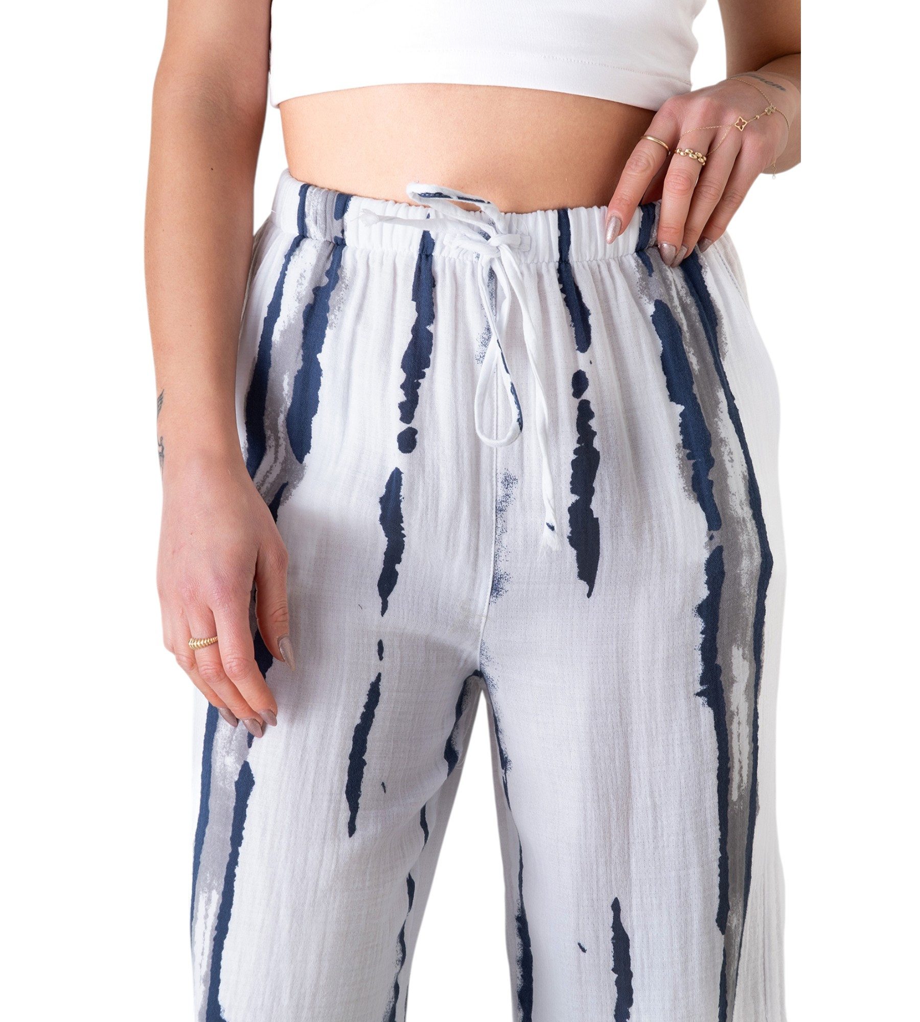WENOR Palazzohose Musselin, Batik-Druck, 100 % Baumwolle, elastisch, Petrolblau & Grau