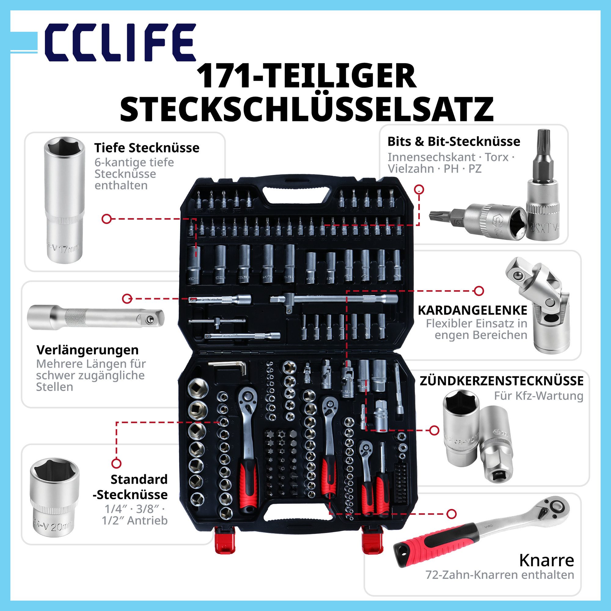 CCLIFE Steckschlüssel CCLIFE Steckschlüsselsatz, Ratschenkasten im Werkzeugkoffer (171 St)
