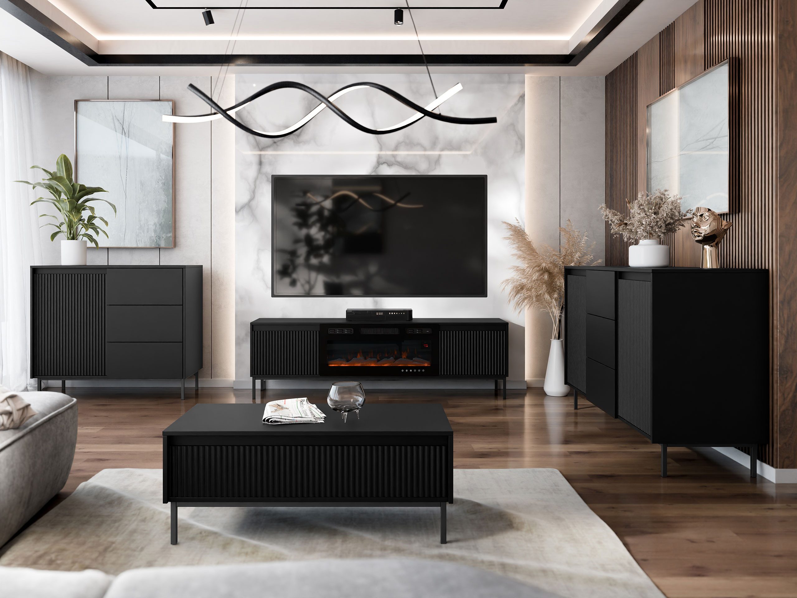 MIRJAN24 Wohnzimmer-Set Ozmi III, (2x Kommode, TV-Lowboard mit Kamin, Couchtisch), Realistische LED-Flamme