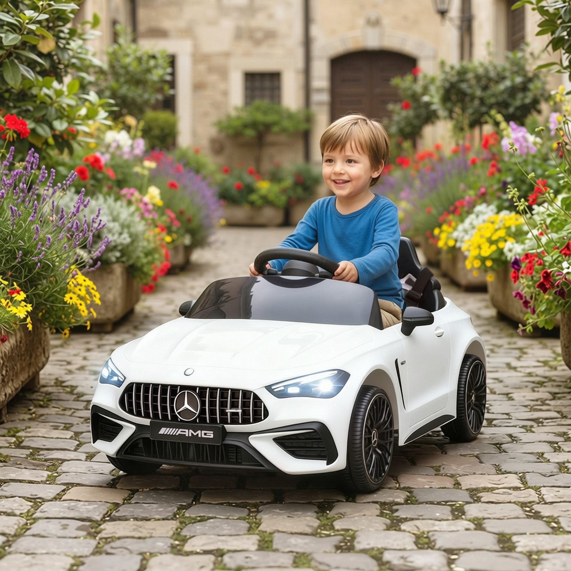 AIYAPLAY Elektro-Kinderauto Merceds-Benz AMG GTR Kinderauto mit 2,4G Fernbedienung, Hupe, Belastbarkeit 25 kg, (1-tlg), für 3-6 Jahre Kinder, Weiß