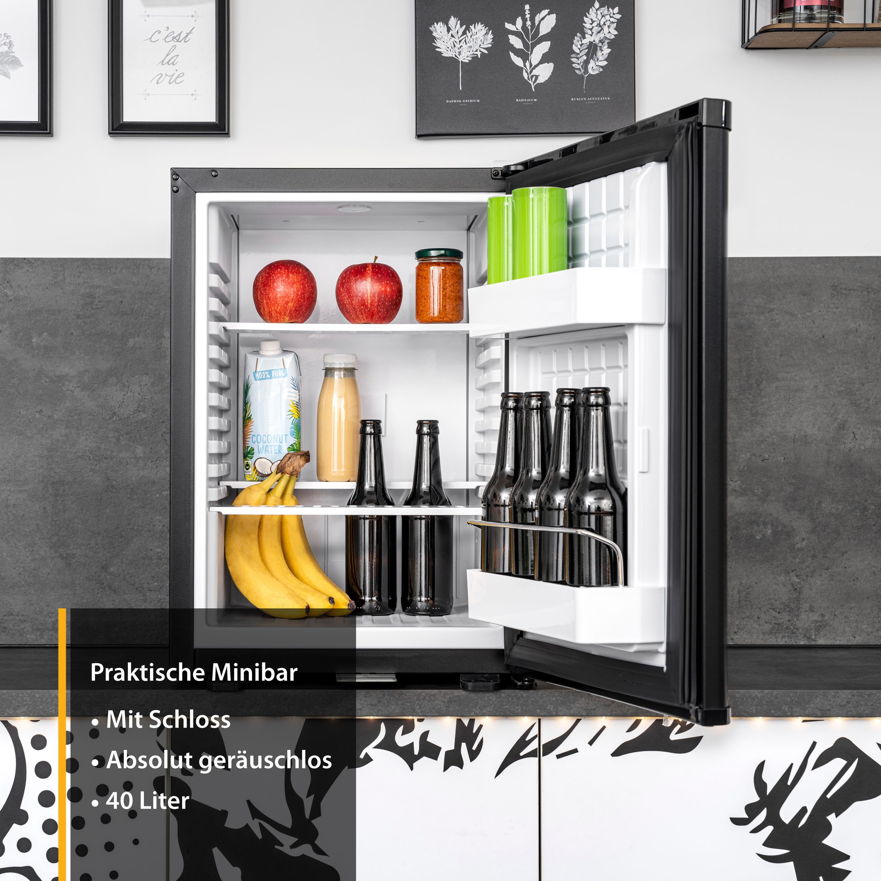 TZS FIRST AUSTRIA Table Top Kühlschrank Getränkekühlschrank LAUTLOS, LED-Beleuchtung FA-5172, 56.5 cm hoch, 40 cm breit, Minikühlschrank 40L, Getränkekühlschrank LAUTLOS, LED-Beleuchtung