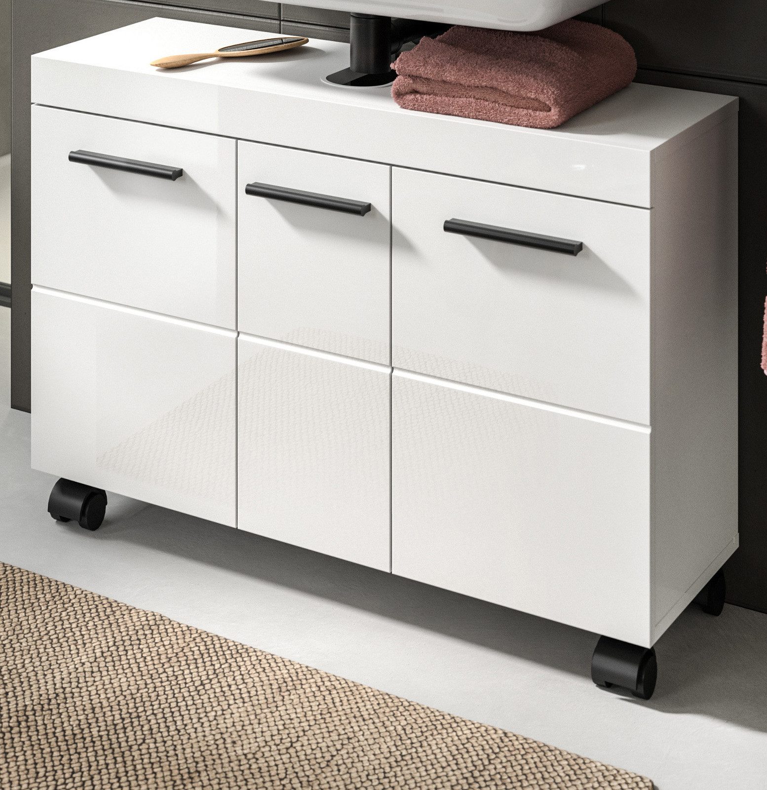Inn.Furn Waschbeckenunterschrank Talerno (Bad Unterschrank in Weiß Hochglanz, 3-türig, Breite 80 cm) mit 6 Fächern