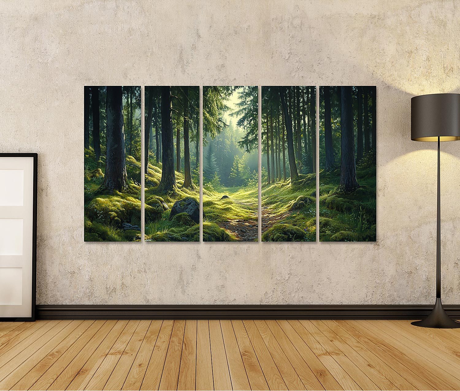 islandburner Leinwandbild Atemberaubender Wald mit Sonnenstrahlen günstig online kaufen