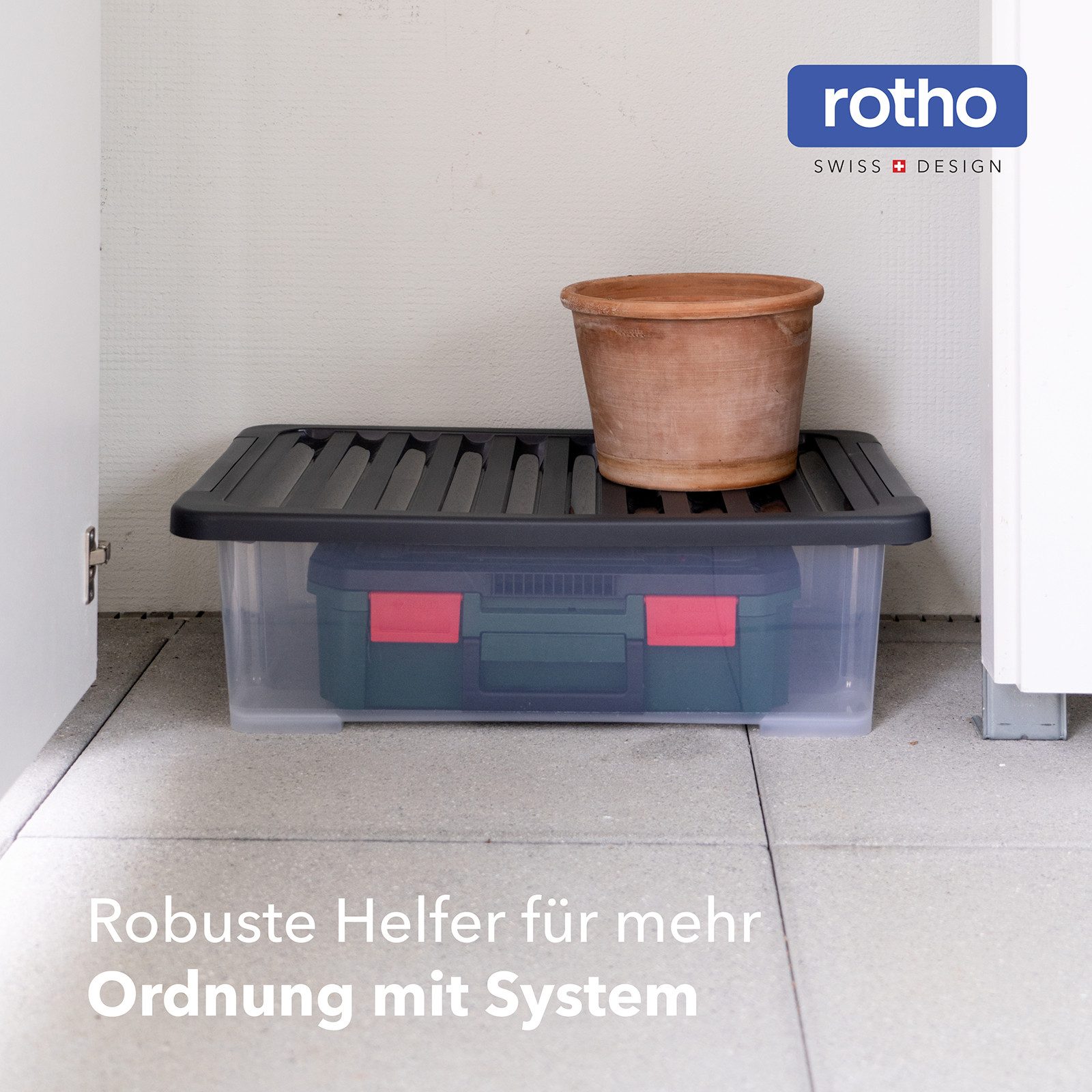 ROTHO Aufbewahrungsbox 4er-Set CORE PLUS 30 L stapelbare Box mit Deckel (Lagerboxen-Set, 4er-Set), Lagerbox ideal für Kleidung, Vorräte und Haushaltsartikel