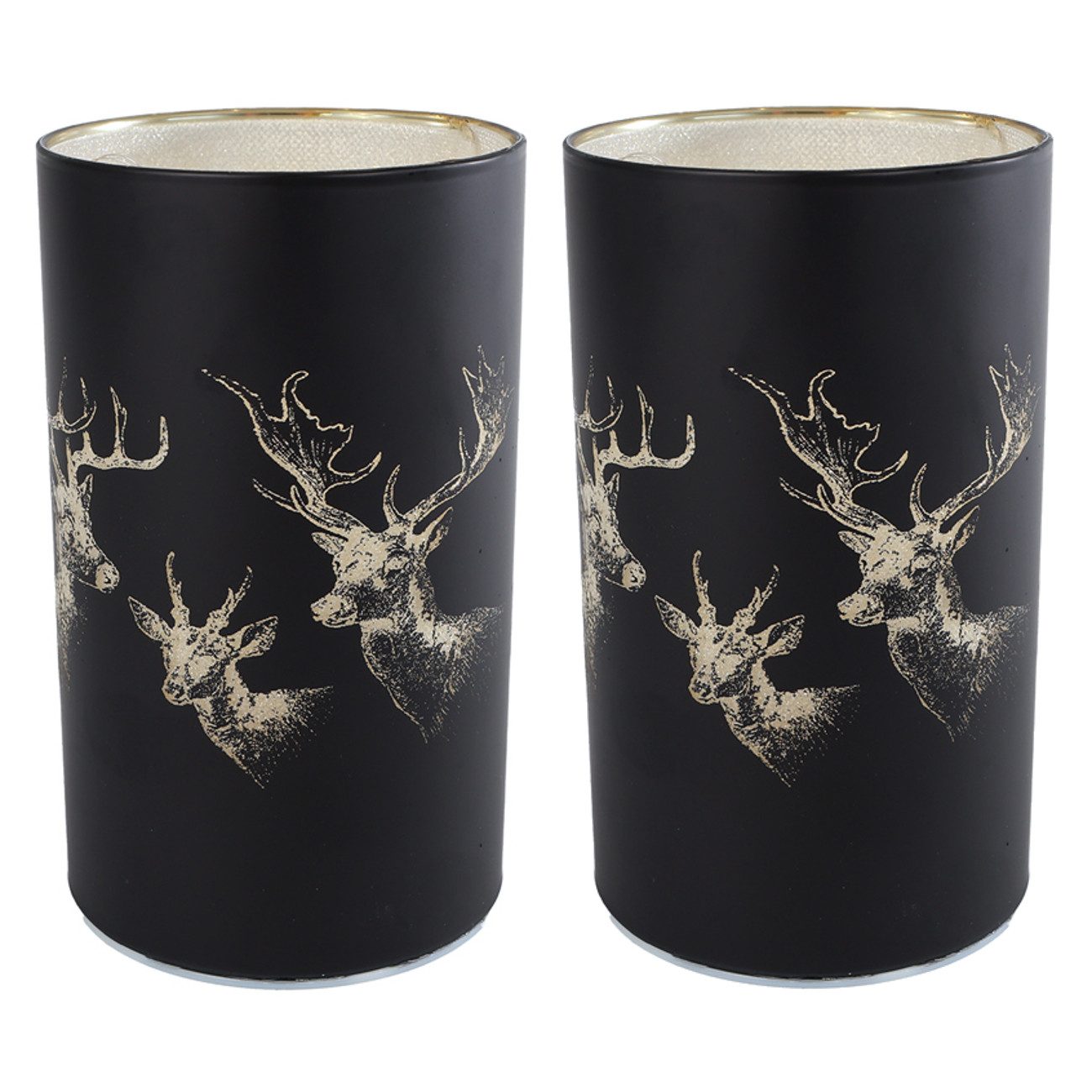 KARMA Windlicht Weihnachten 2er Set Glas Schwarz Gold Hirsch 9 x 15 cm (Teelichthalter Tisch Dekoration Kerzenhalter, 2 St., Deko), Teelichthalter Glas, Kerzenhalter, Tischdeko, Weihnachtsdeko, Rund
