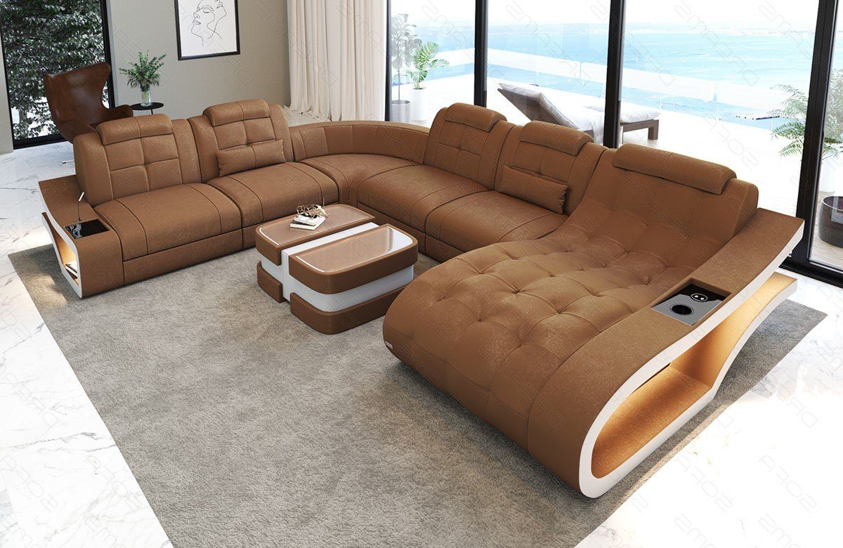 Sofa Couch Bettfunktion Elegante A Polster Form Stoff Wohnlandschaft XXL Stoffsofa, Sofa Dreams caramel-weiß mit wahlweise