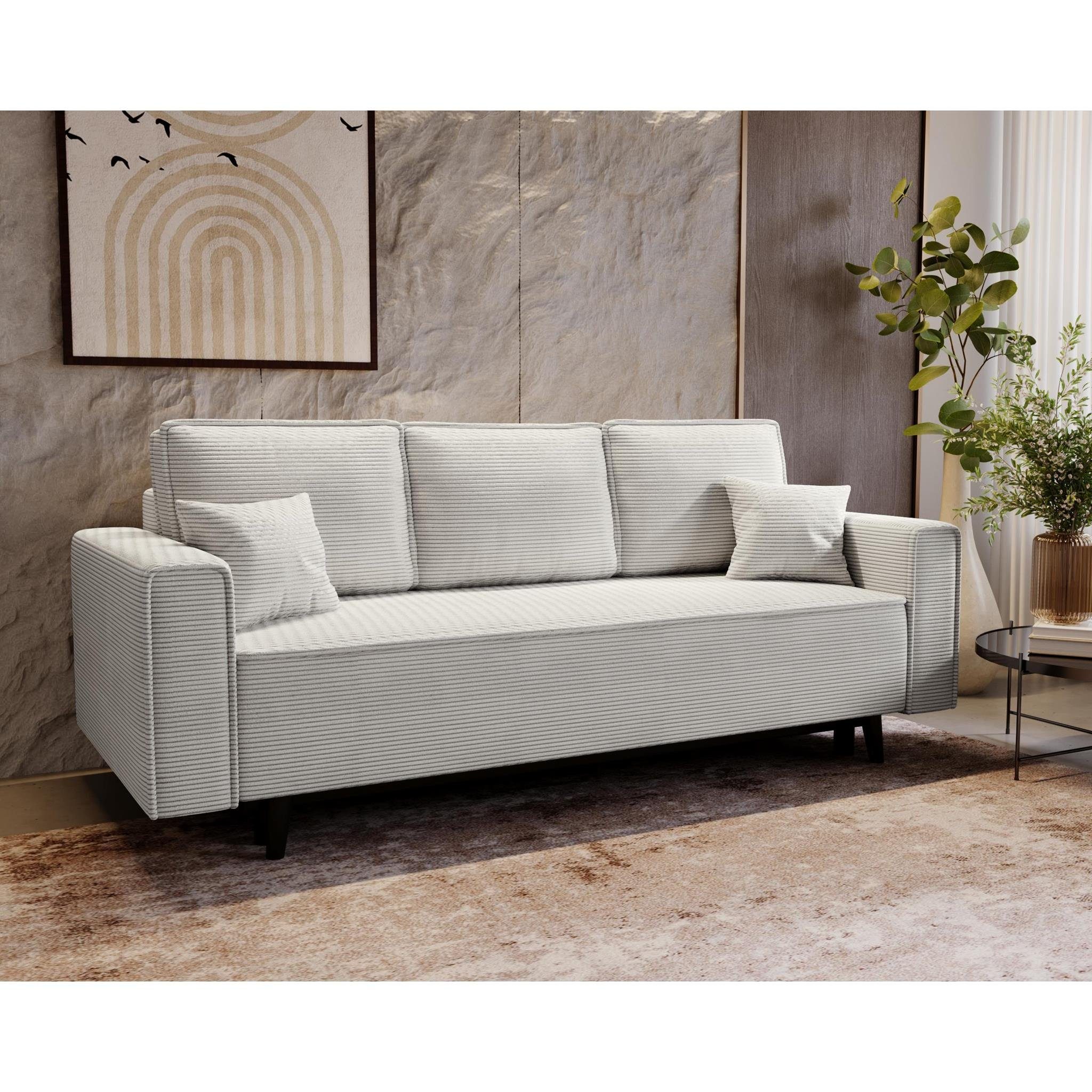 Beautysofa Schlafsofa Relaxfunktion, Cord-Bezug, 225x95 Bettkasten, mit cm (poso Beige 100) stilvoll Polstersofa, Monte