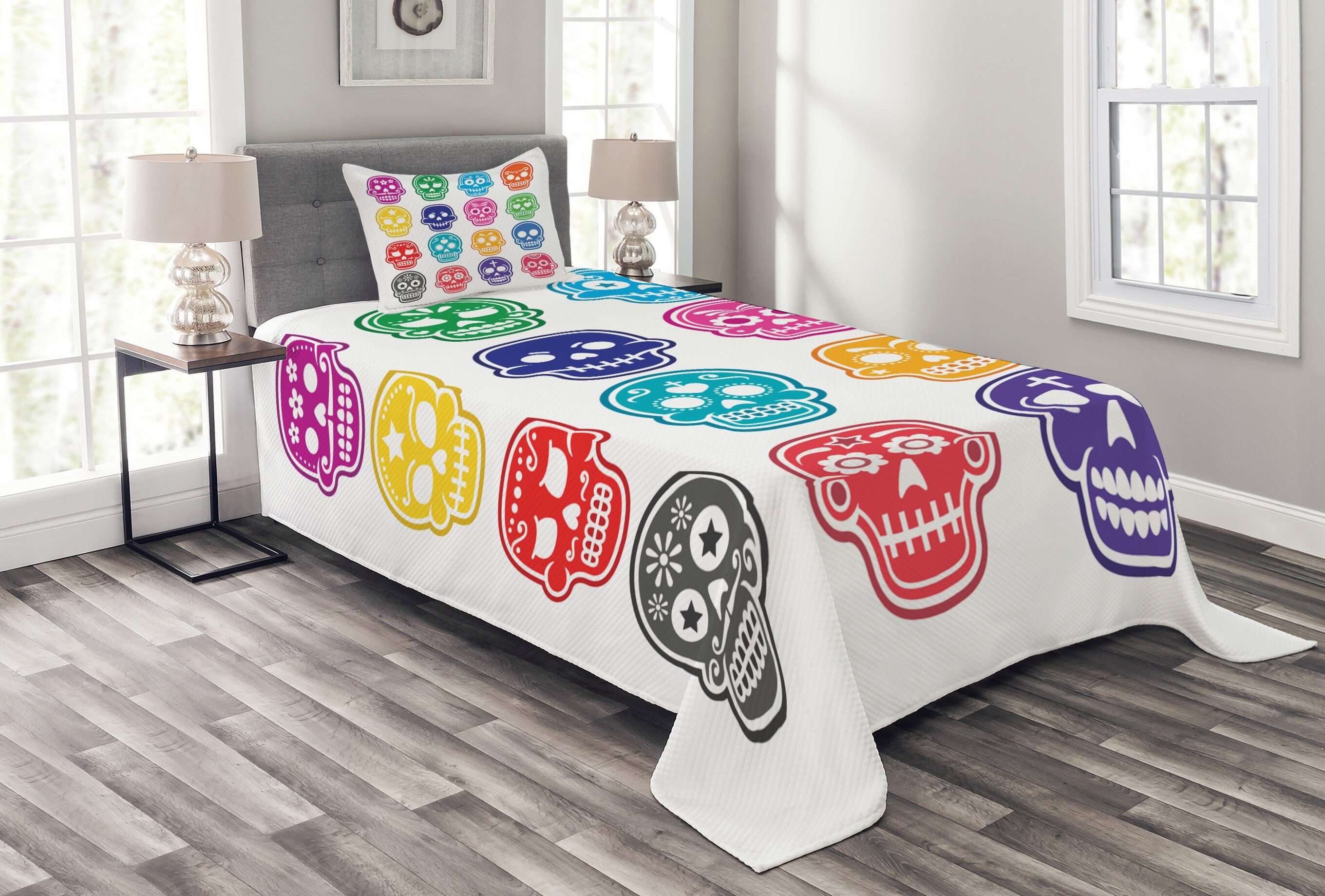 Tagesdecke Set mit Kissenbezügen Waschbar, Cartoon-Art-Schädel Zuckerschädel Abakuhaus