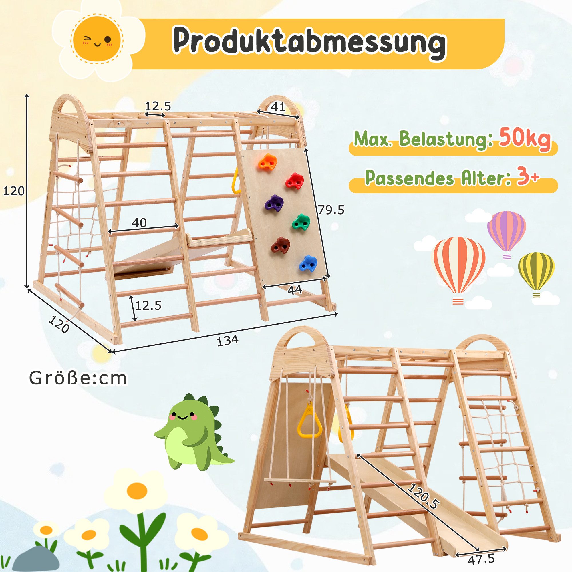 Merax Klettergerüst 8-in-1 Kletterdreieck aus Holz, (Rutschbahn, Schaukel, Leiter, Kletternetz, Ringe), Kletterwand, Indoor-Spielplatz, Spielset