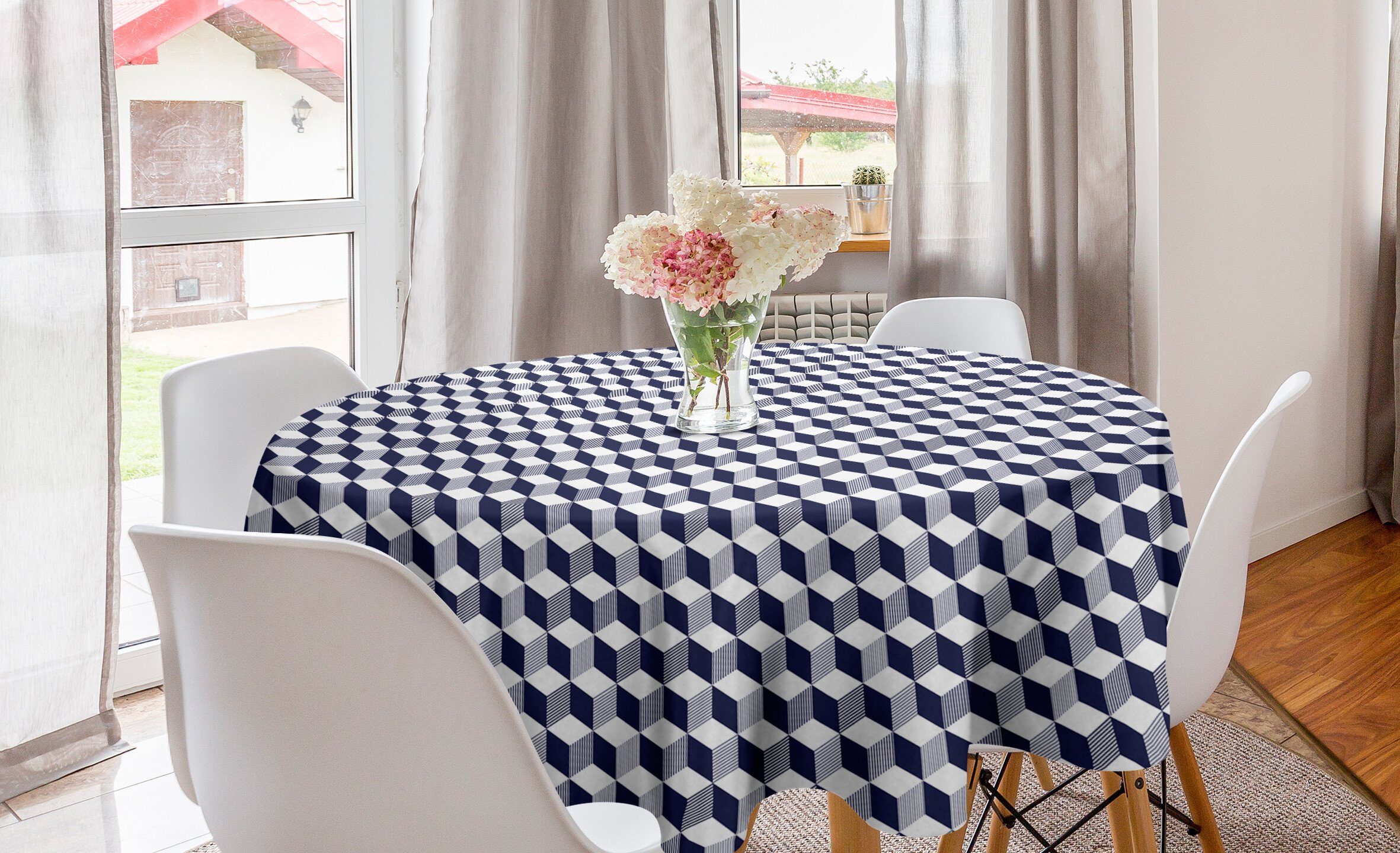 Abakuhaus Tischdecke Kreis Tischdecke Abdeckung für Esszimmer Küche Dekoration, Navy blau Abstrakt Cube Stripes