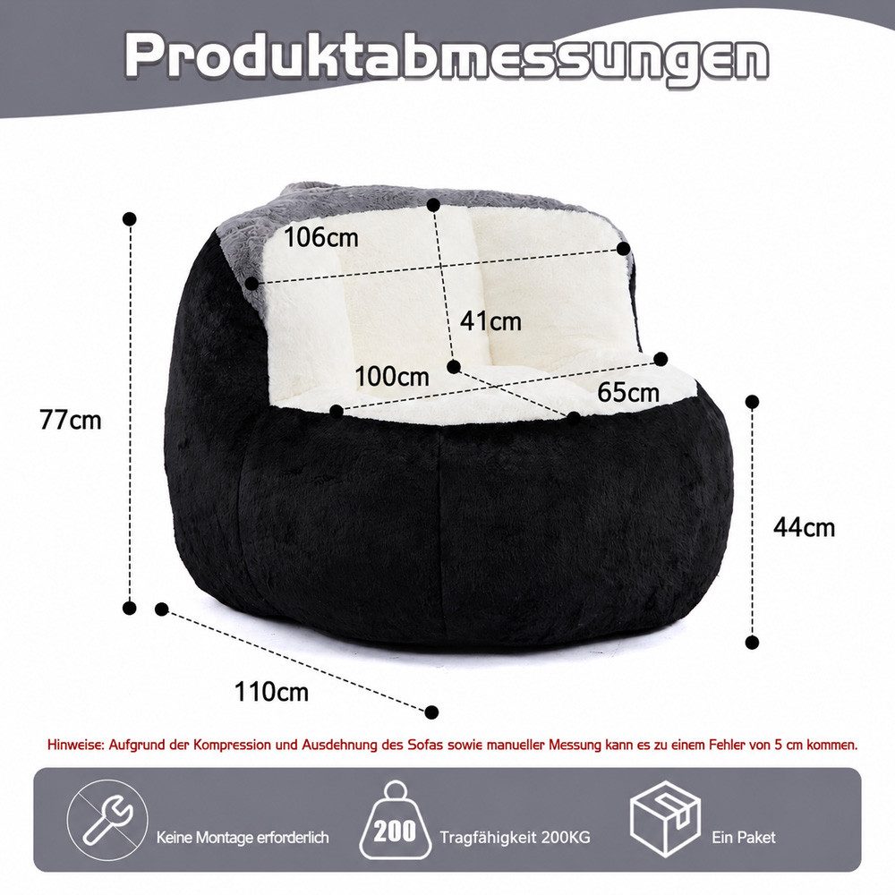 Leawin Relaxliege Sofas Wohnzimmer Bean Bag Sessel aus weichem Kunstfell, Mit Schaumstoffflocken, Tragegriff und rutschfester Unterseite
