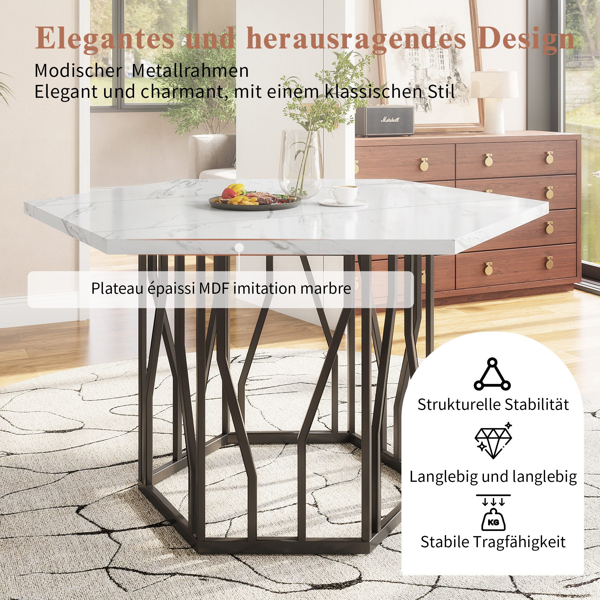 HAUSS SPOLE Essgruppe 5tlg sechseckiger Esstisch, 4 Stuhle, Tischbeine aus schwarzem Metall, (Esstisch- und Stuhlset, 5-tlg., 1 Tisch mit 4 Stühlen), sechseckiger Esstisch mit Marmormusterarbeitsplatte