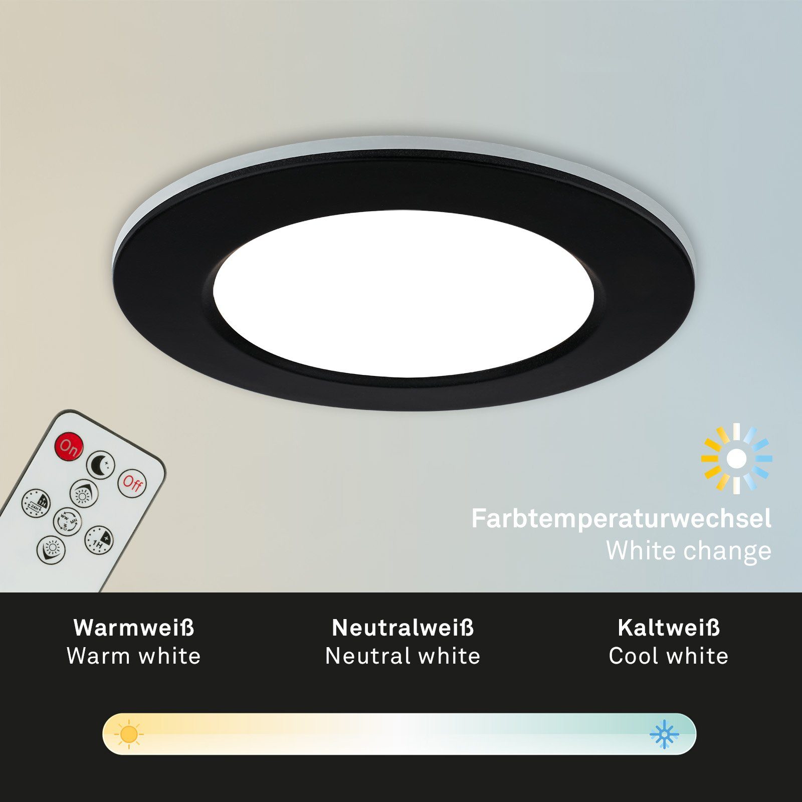 Fernbedienung, 7034-035, Einbauleuchten Bad, mm, Badezimmer, Leuchten 92x45 Nachtlicht, Küche Timer, verbaut, Kaltweiß, CCT 4,8W, Einbauleuchte LED Briloner Neutralweiß, LED fest Spritzwasserschutz, Farbwechsler, Tageslichtweiß, dimmbar, Warmweiß, Farbtemperatursteuerung, Speicherfunktion, Schwarz, Flur,