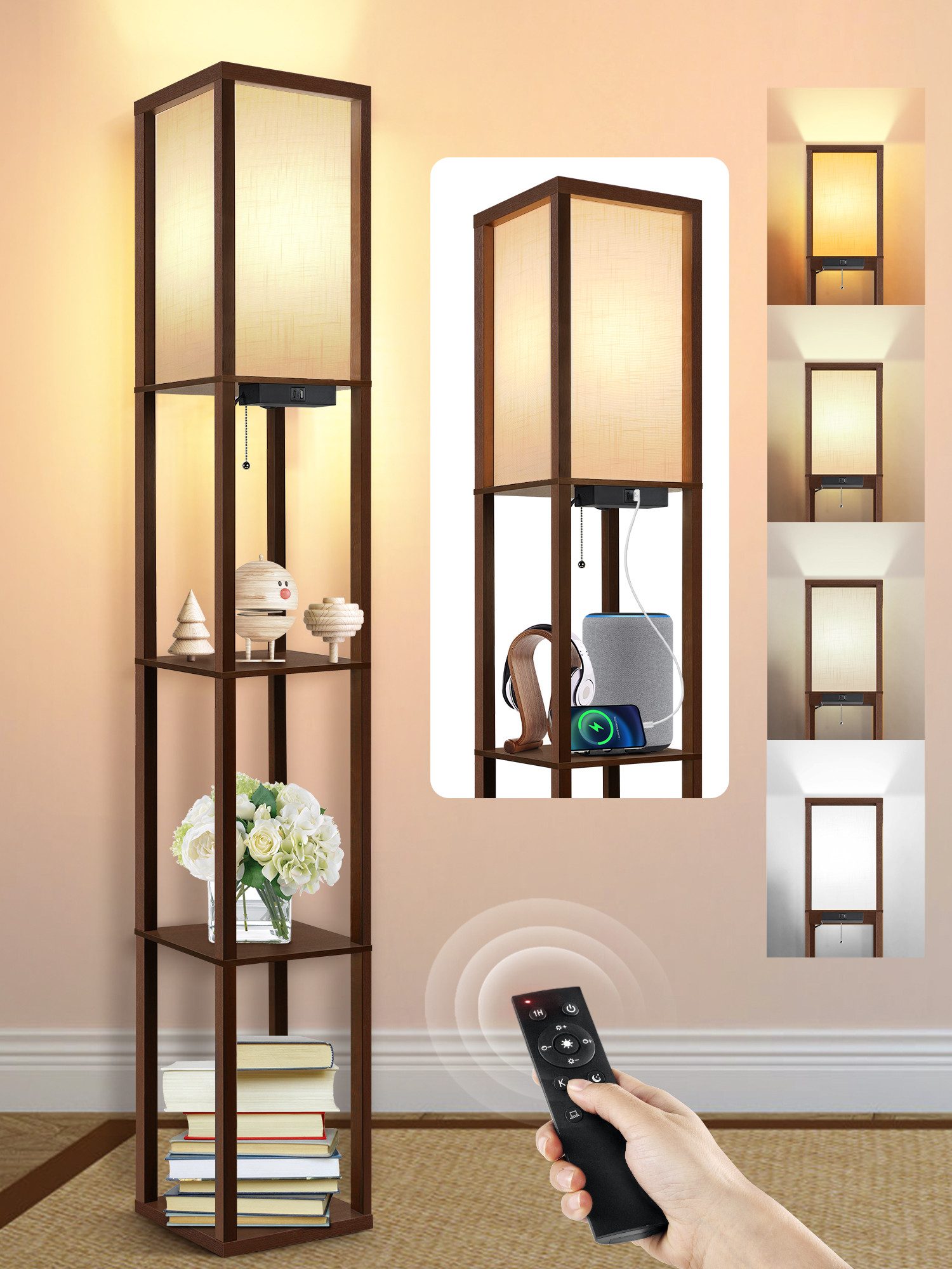 OUTON LED Stehlampe Regal mit Fernbedienung, 2 USB-Anschlüsse und 1H Timer, LED wechselbar, mit eleganter Holzoberfläche und Leinenschirm