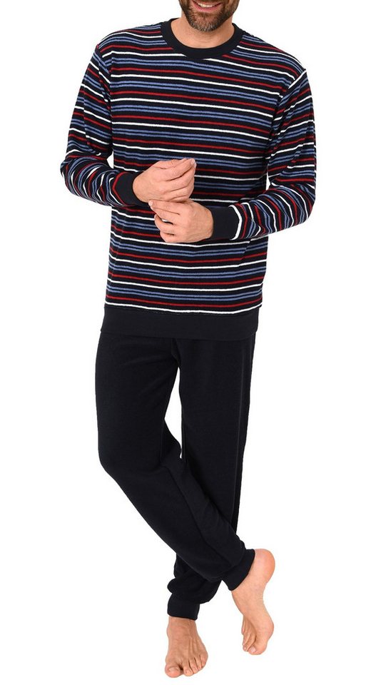 Normann Pyjama Langer Herren Frottee Schlafanzug mit Bündchen Streifenoptik