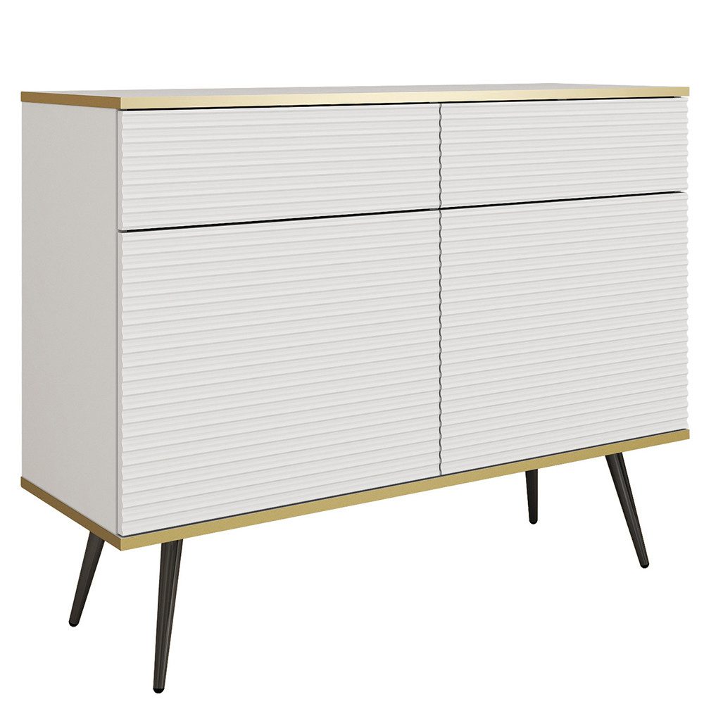 Lomadox Kommode OLOVO-160, Weiß, goldfarbenen Kanten, Metallbeine Schwarz