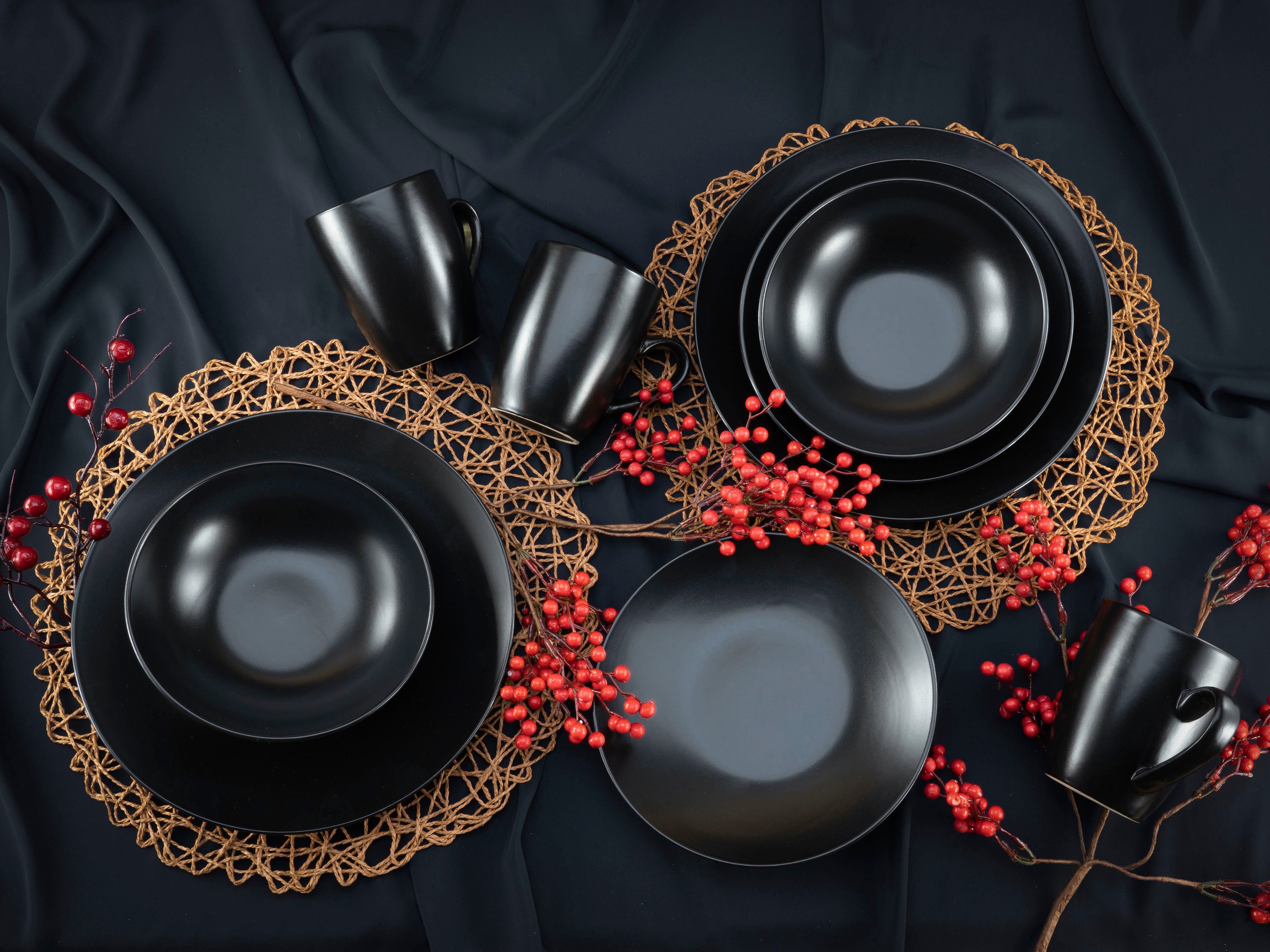CreaTable Kombiservice Geschirr-Set Black Matt (16-tlg), 4 Personen, Steinzeug, Service, schwarz, trendige Coupeform, 16 Teile, für 4 Personen