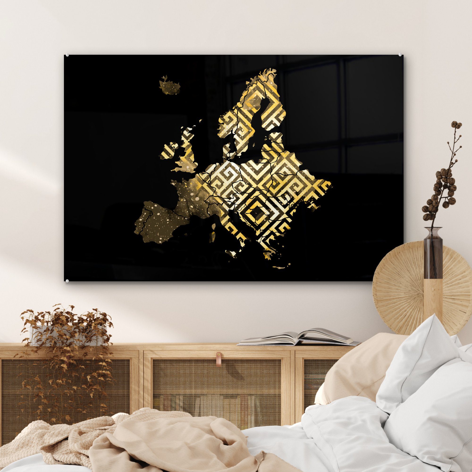 Schlafzimmer Muster Acrylglasbild Gold, & MuchoWow Wohnzimmer Karte Acrylglasbilder St), (1 - Europa -