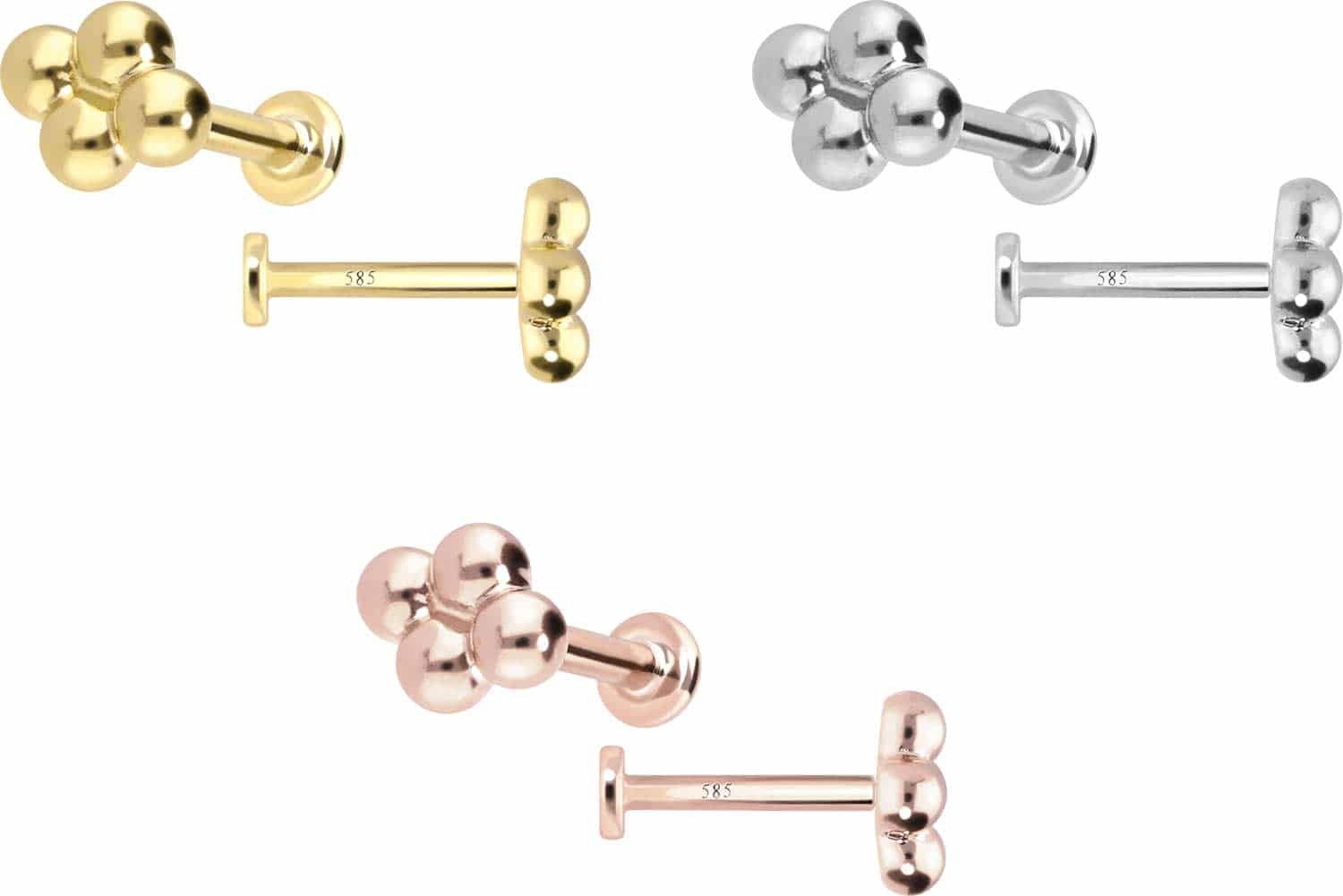 PIERCINGLINE Piercing-Set 14 Karat Gold Labret mit Innengewinde 4 KUGELN (Labrets, 1-tlg)