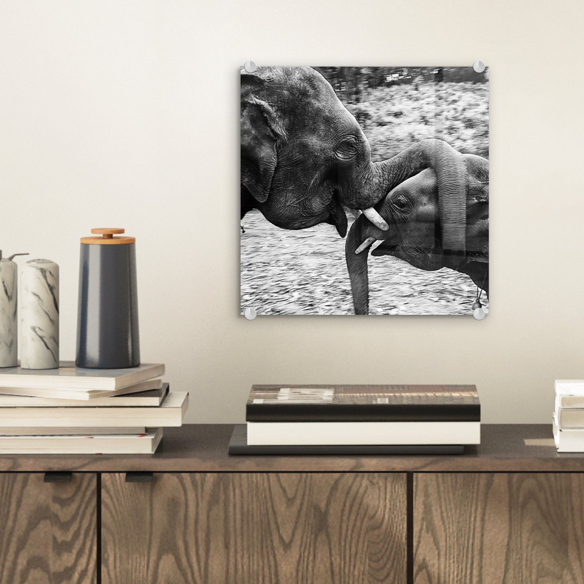MuchoWow Acrylglasbild Elefant - Tiere und Bilder Schwarz Glas auf Glas - - Wanddekoration auf Wandbild - Foto Glasbilder weiß, Natur - - St), (1