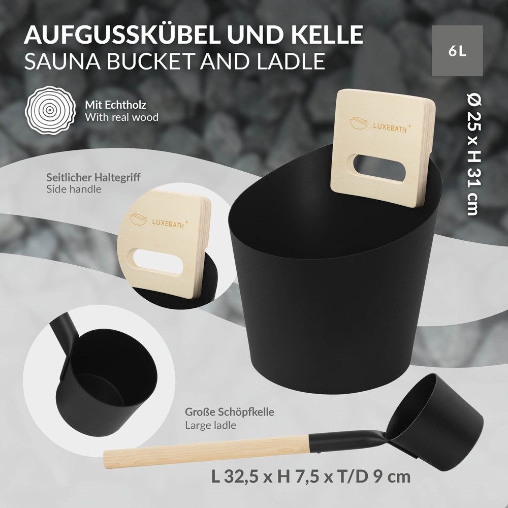 LuxeBath Sauna-Aufgussset 4-teilig Saunazubehör-Set aus Aluminium & Naturholz, Sauna Set Zubehör Inkl. 6L Aufgusskübel, Kelle, Thermometer-Hygrometer, 15min. Sanduhr